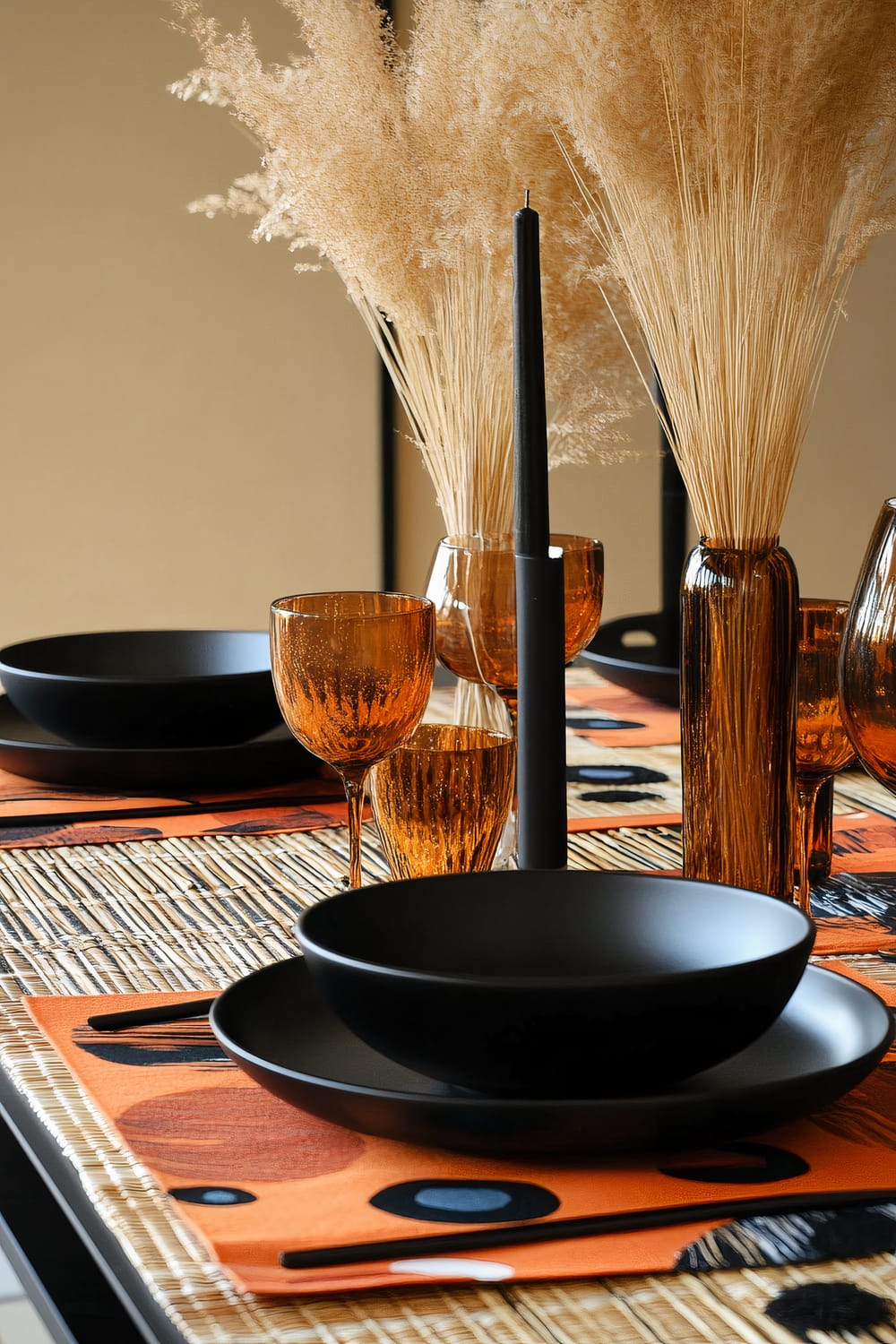 A table setting featuring black matte dinnerware, amber glassware, and decor elements like tall dry wheat stalks in amber vases. The table has an orange placemat with abstract patterns and woven elements in the background, creating a vibrant, yet elegant look.