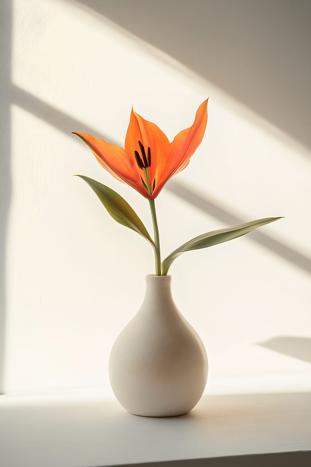 A minimalist, yet beautifully rendered image, capturing a close up of a single exotic flower protruding from a white, cylindrical vase. The image contrasts the bold and vibrant colors of the flower against a plain white background and is further elevated by the golden warmth of late afternoon light.