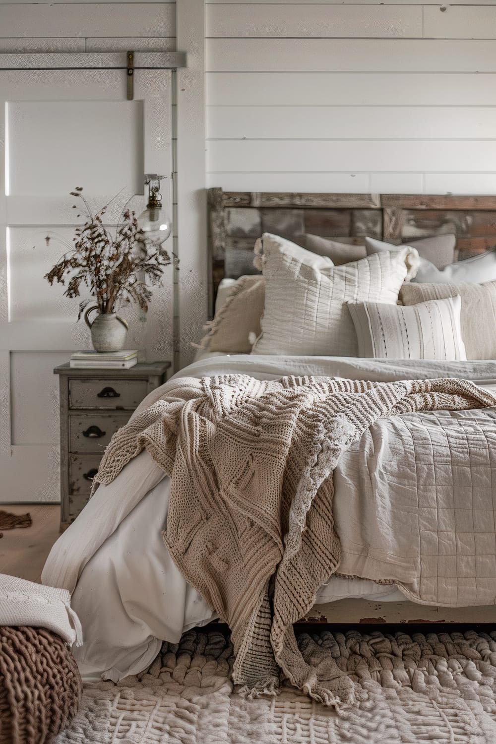 Bedroom with wooden shiplap walls and a rustic headboard behind a cozy bed adorned with multiple pillows and layered blankets in neutral tones. A gray wooden nightstand with a vase of dried flowers and a hanging bulb lamp is beside the bed. A soft, chunky rug placed under the bed complements the knit throw draped over the bed's edge.