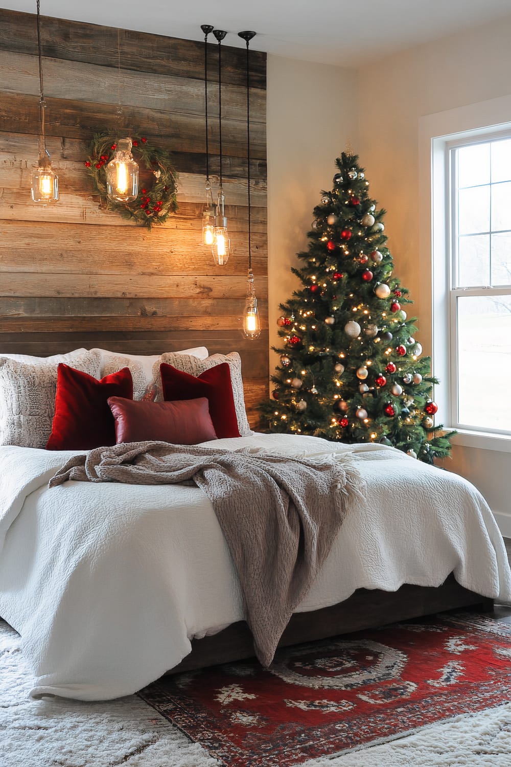 A modern farmhouse bedroom features a vintage Christmas tree in the corner. The room has rustic wooden accents on the wall behind the bed, which has plush bedding in rich reds and neutral colors. Warm bedside lighting hangs from the ceiling, and a wreath adorns the wooden wall. A large window lets in natural light, and the floor is covered with textured rugs.