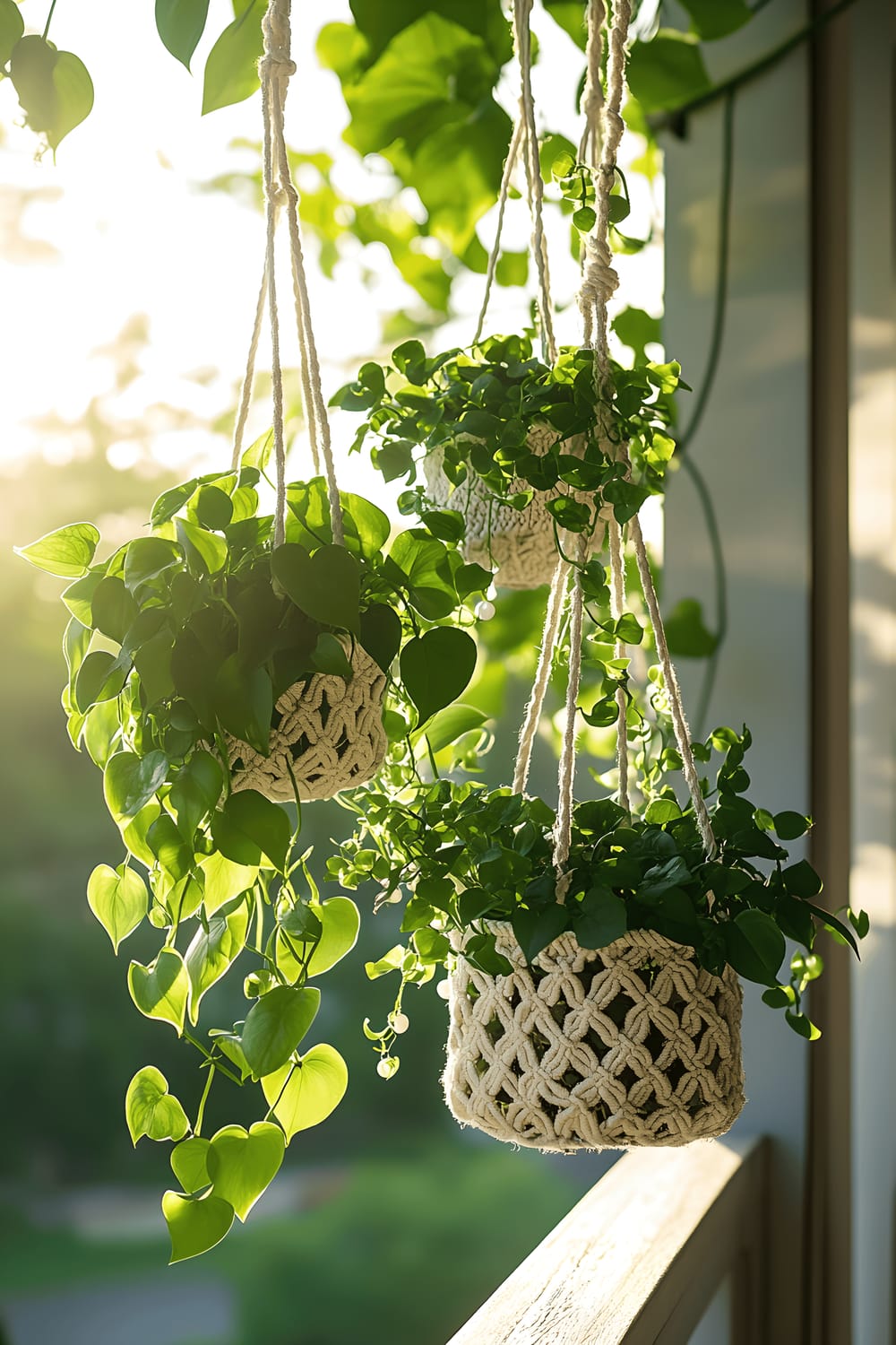 A boho style outdoor scene featuring a set of macramé hanging planters, with lush green plants such as pothos, ivy, and string of pearls, stationed on a wooden porch. The plants are cascading down, and the sunbeams are peeking through their leafy green tendrils.