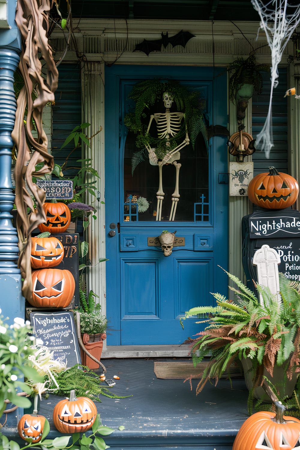 The image shows a front porch decorated for Halloween. A bright blue door is at the center, adorned with a skeletal figure in a sitting position, surrounded by green ferns. A variety of carved pumpkins, some stacked, glow with eerie faces around the entrance. There are signs reading "Nightshade's Apothecary & Potion Shoppe," with additional Halloween-themed decorations like a skull on the door, a tiny ceramic house, and a hanging bat above the door. Plants and small decorations enhance the spooky atmosphere.