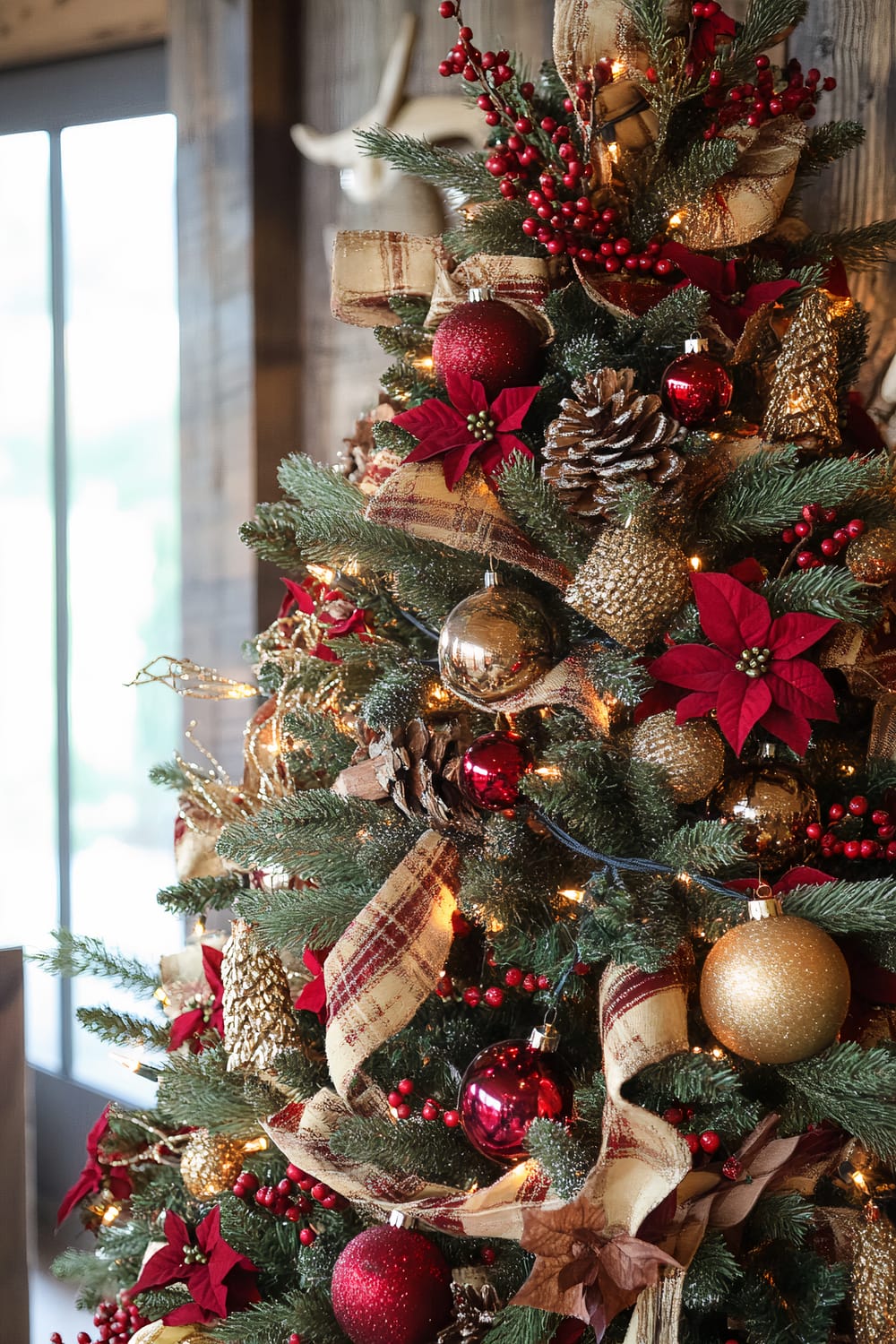 This image features a beautifully decorated Christmas tree adorned with red and gold ornaments, pine cones, red berries, and small poinsettia plants. The tree is wrapped with fabric ribbons featuring a rustic pattern. The background includes a glimpse of wooden walls and a window providing a cozy indoor setting.