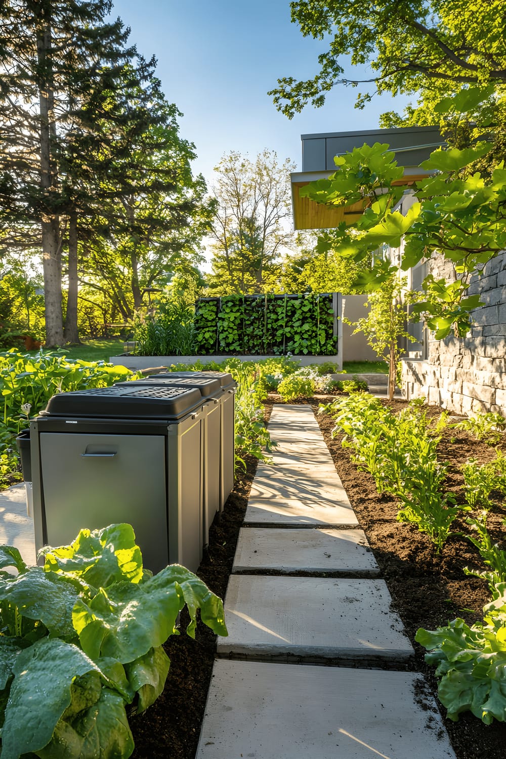 A modern composting setup in a lush garden with sleek, lined compost bins made from sustainable materials. The bins are surrounded by vibrant green plants and there's a minimalist stone pathway nearby. A small vertical garden adds to the eco-friendly vibe of the scene. Everything is bathed in bright natural light, showcasing the organized and environmentally conscious design.