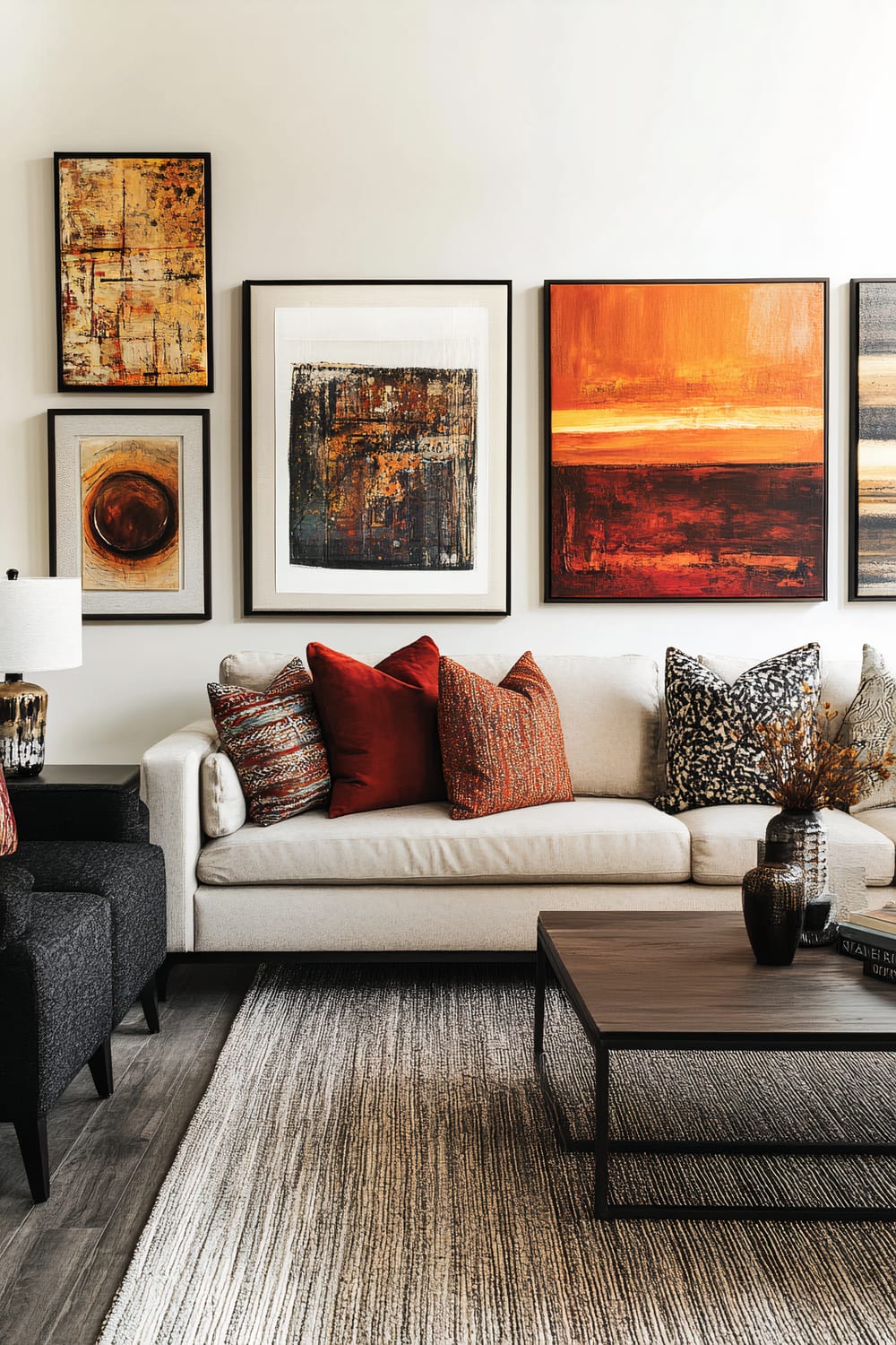 Contemporary living room featuring a beige sofa with vibrant red and patterned throw pillows. A black chair is positioned to the left, next to a side table with a ceramic lamp. The wall behind the sofa is adorned with an eclectic arrangement of abstract art pieces in frames, showcasing rich, warm tones. Below, a textured gray and beige area rug covers the dark wooden floor, with a modern rectangular coffee table in front of the sofa.