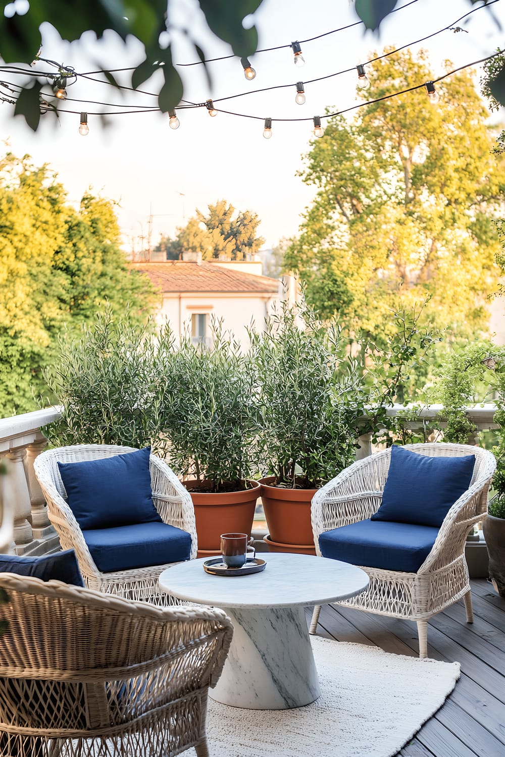 A vibrant outdoor setting on a Milan balcony showcasing clay terracotta planters filled with lush Italian olive trees and draping ivy, white rattan chairs with navy blue cushions arranged around a petite, marble-top round table. Overhead string lights exude a warm, welcoming ambience, enriching the vegetation and furnishings' colors. A muted linen rug enriches the wooden deck, and an ornamental, ceramic lantern graces the tabletop, injecting a touch of class.