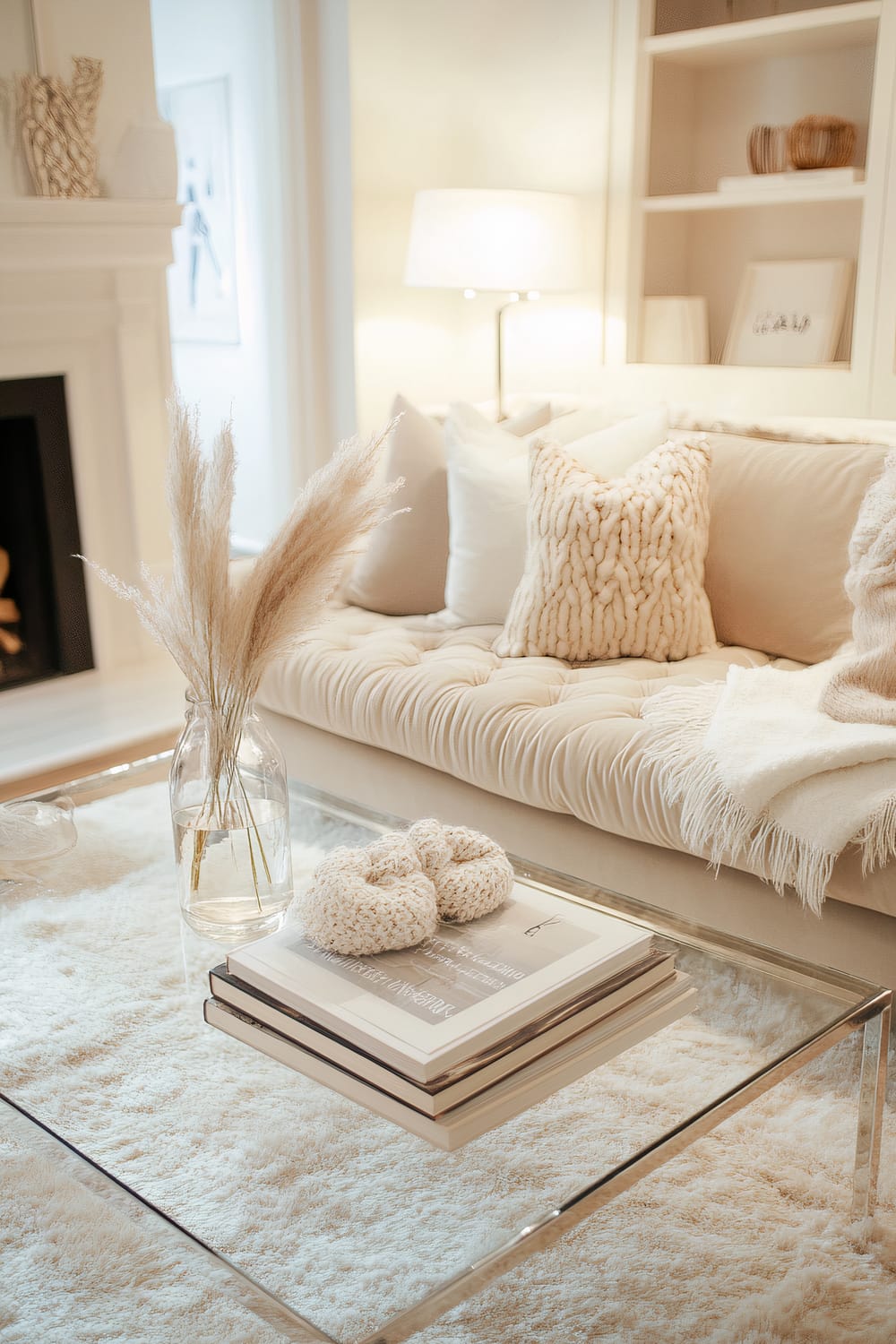 A chic living room bathed in soft, neutral tones. The scene centers around a tufted beige sofa adorned with plush, textured pillows and a fringed throw. A glass-topped coffee table holds a vase with delicate pampas grass and stacks of art books, with a cozy pair of knitted slippers perched atop the books. The backdrop includes built-in shelves with artful decor and a soft glow from a nearby table lamp, enhancing the serene and elegant atmosphere.