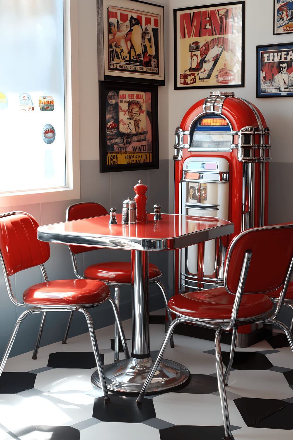 A 1950s-inspired dining area featuring a cherry-red Formica table, surrounded with retro diner chairs with chrome legs. The room has a black-and-white checkered floor, vintage framed ads on the walls, and a classic jukebox in the corner.