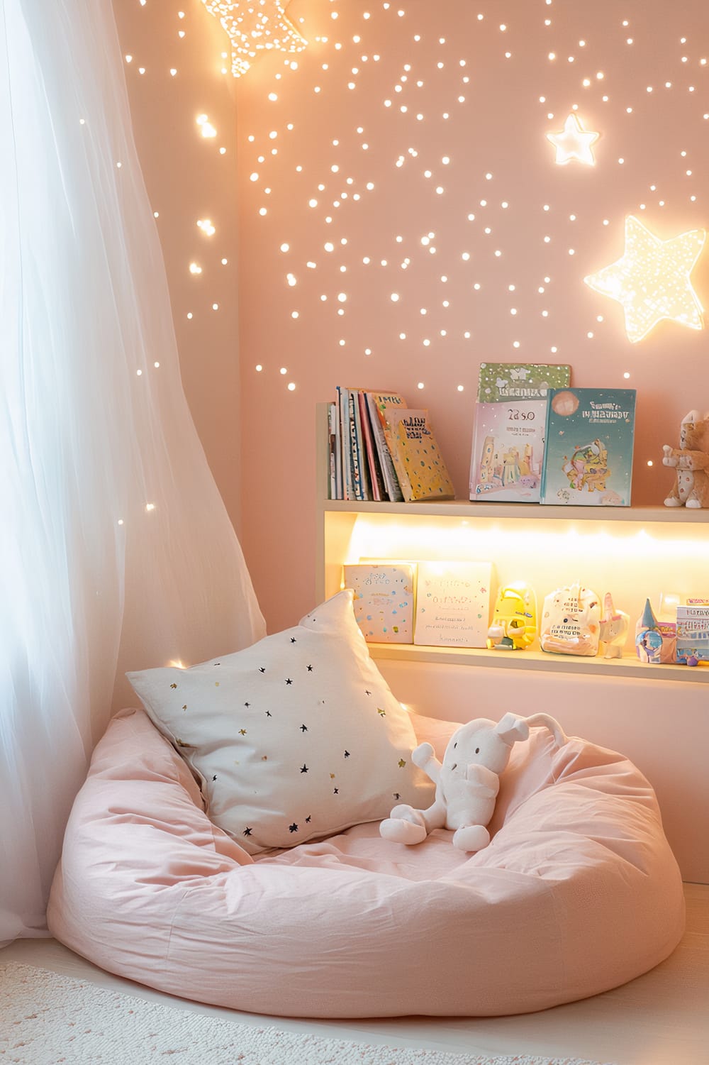 A whimsical playroom with a dreamy space theme, featuring soft pink walls and glow-in-the-dark stars sprinkled on the ceiling. A blush pink bean bag with a star-patterned pillow and a white plush toy provides a cozy reading spot. Near the bean bag, a low wooden shelf holds neatly arranged children's books and space-themed toys. Star-shaped night lights adorn the walls, adding to the charm and creating a calm, inviting atmosphere.