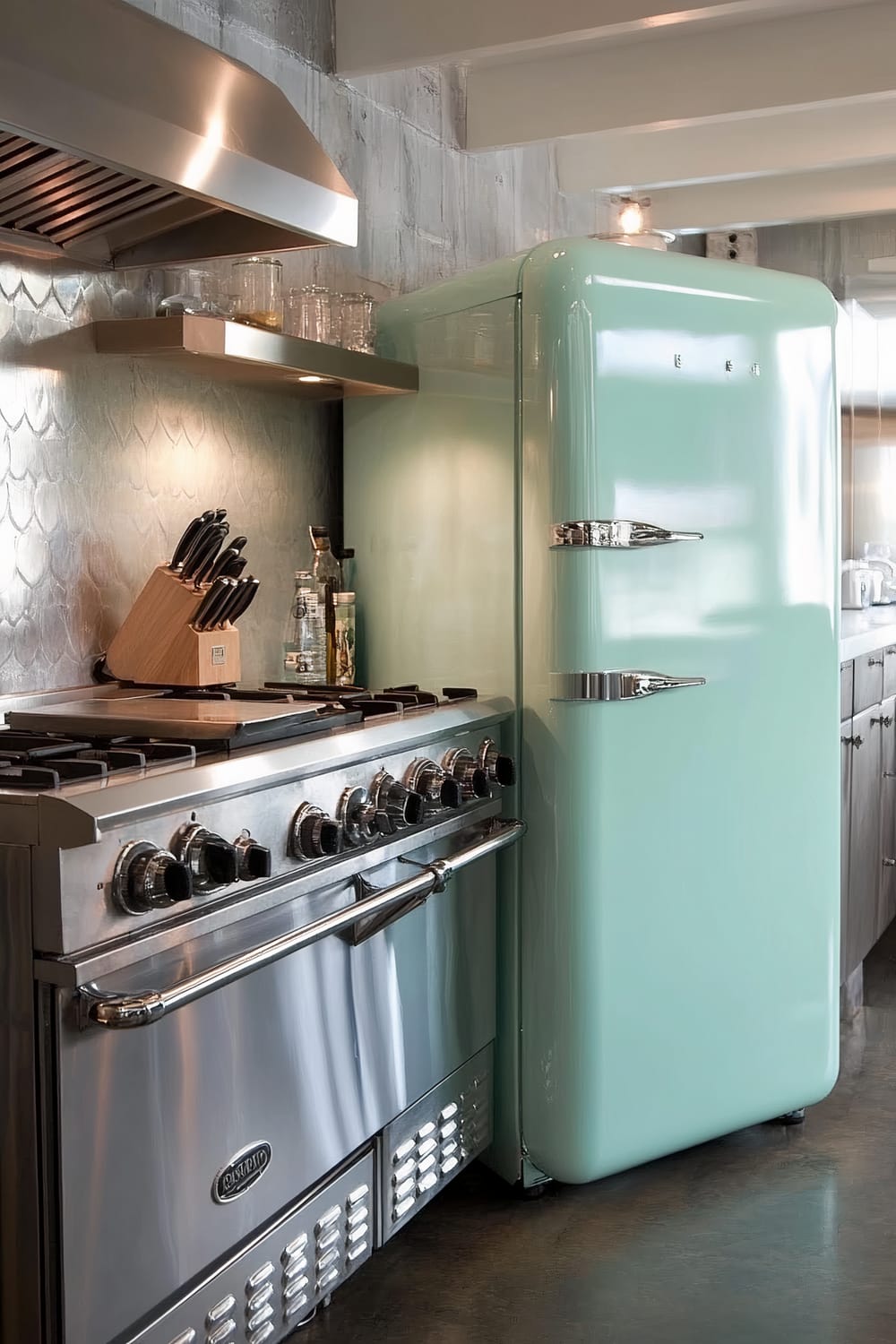 This image displays a sleek, contemporary kitchen with a retro twist. Dominating the scene is a mint-green vintage-style refrigerator with chrome handles, situated adjacent to a modern, stainless steel gas stove featuring multiple burners and an oven. Above the stove is a stainless steel range hood. A wooden knife block with several knives is positioned on the stove's countertop. The background showcases a silver, fish-scale patterned backsplash and a small wooden shelf holding glass jars and bottles under spotlights. The flooring is a dark, polished concrete.