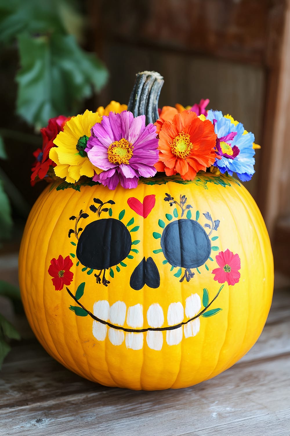 A yellow painted pumpkin designed to resemble a sugar skull, featuring black eye sockets, a heart-shaped red decoration on the forehead, decorative floral patterns, and a garland of vibrant flowers including purple, yellow, orange, red, and blue around the stem.