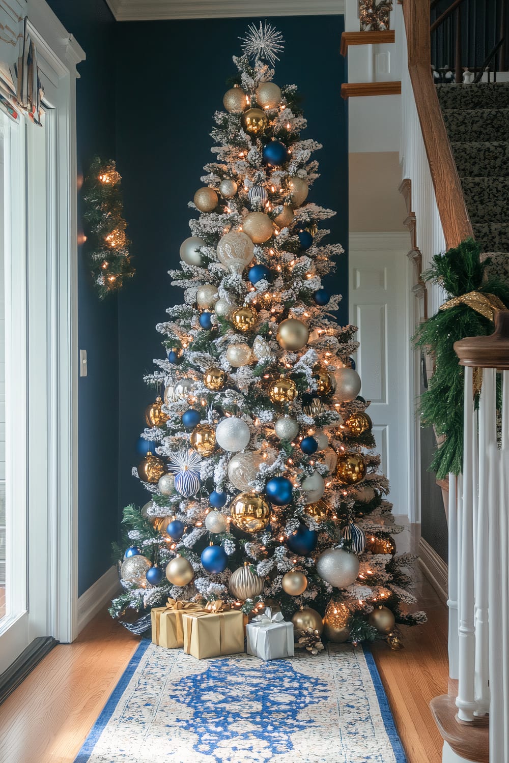 A beautifully decorated Christmas tree adorned with golden, blue, and silver ornaments stands prominently in a dark blue-walled corner of a home. The tree is flocked with artificial snow and lit with warm white lights, with wrapped gifts in gold and silver placed underneath. Adjacent to the tree is a staircase adorned with garlands, and to the left, sliding glass doors let in natural light. A patterned blue and white area rug lies on the hardwood floor below the tree.