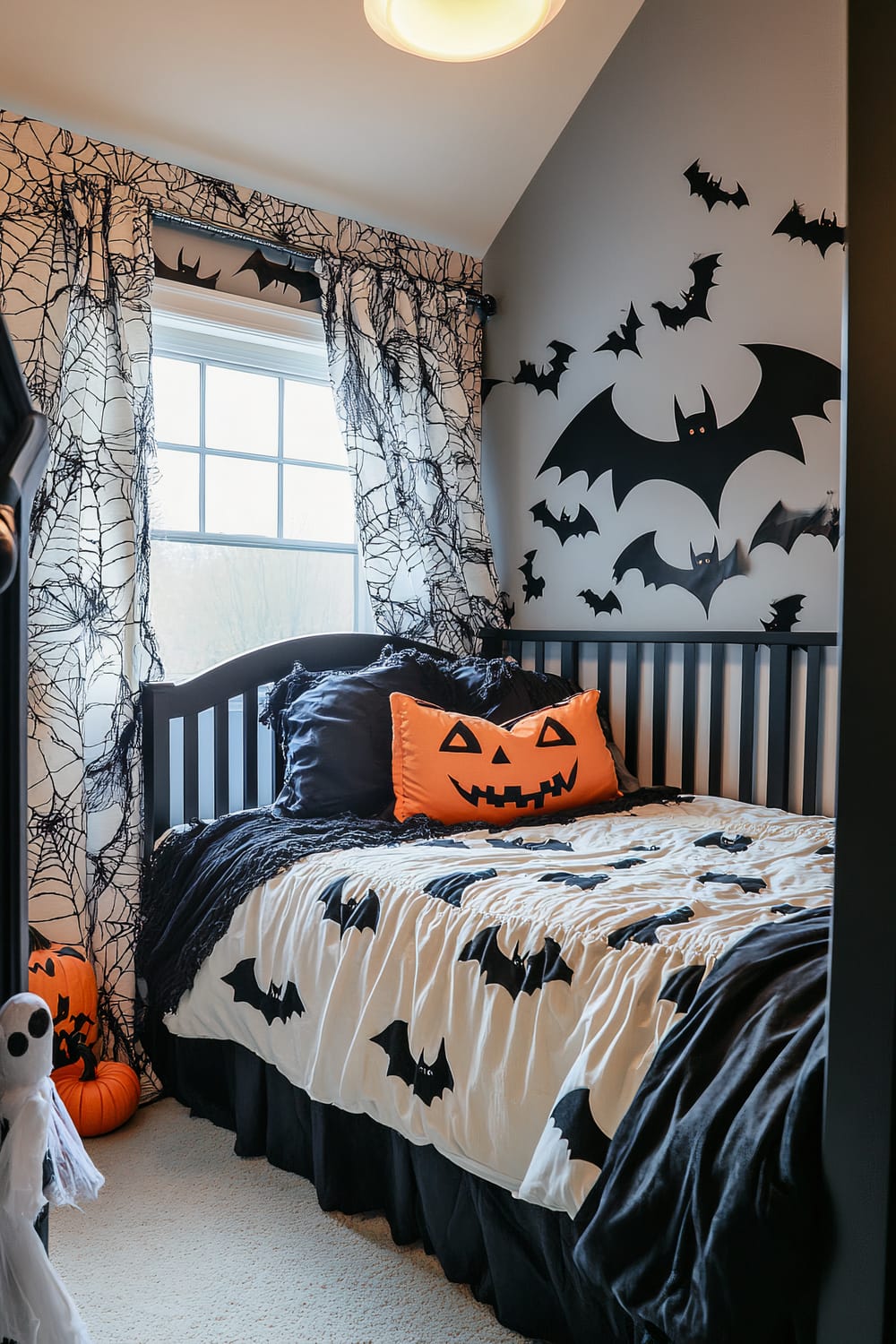 A children's bedroom decorated with a Halloween theme. The tall window is draped with curtains featuring a black spiderweb design. A black wooden bed features white bedding printed with black bats and black throw pillows. An orange pillow with a jack-o'-lantern face adds a pop of color. Black bat wall decorations are placed on the wall above the headboard. Various Halloween decorations, including orange pumpkins, are situated around the room.