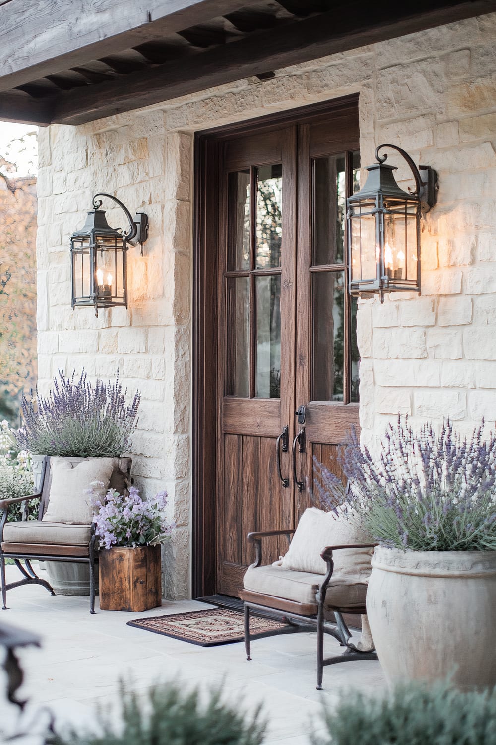 A rustic porch with a wooden door and stone exterior walls. Two lantern-style wall lights illuminate the area. There are chairs with cushions on either side of the door, and lavender plants in pots and wooden containers adding a touch of nature. A small doormat lies in front of the door.