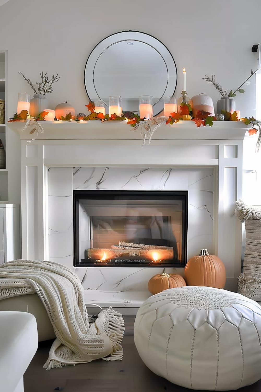 This image showcases an elegantly decorated fireplace with a white and gray marble surround. The mantel is adorned with various autumn-themed decorations, including lit candles, pumpkins, and fall leaves. Above the fireplace is a round mirror reflecting the room. In the foreground, a white knitted blanket is draped over a piece of furniture adjacent to a white ottoman. On the floor next to the fireplace are two pumpkins and a white pouf.