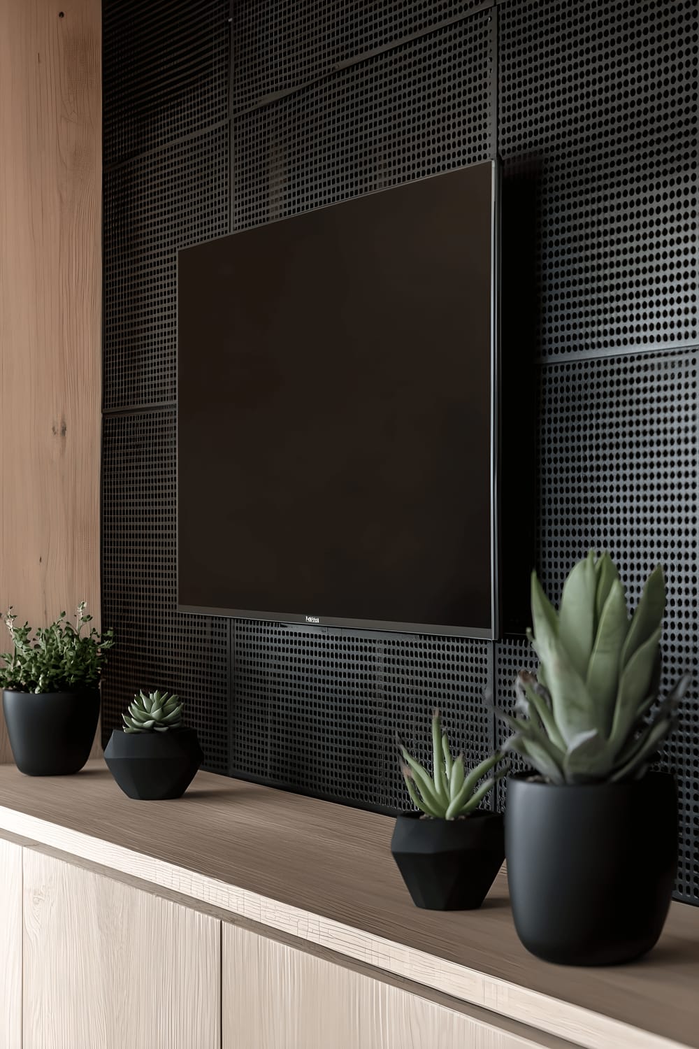 A modern living room featuring a TV mounted on a matte black metal grid wall decorated with small geometric ceramic pots of succulents and minimalist black sculptures. The setting radiates an organized and clean aura, representing a trend towards minimalistic and structured decor.