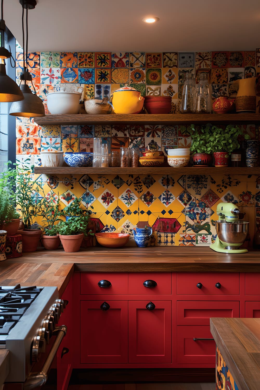 A vibrant kitchen featuring a variety of global influences. The kitchen has a colorful lower cabinet with a boldly patterned backsplash in red and yellow tiles. The countertop, made from reclaimed wood, holds a collection of international cookbooks, artisanal spices in glass containers, and handcrafted pottery. Open shelving displays an array of international kitchenware. A central island with a built-in herb garden brings a touch of freshness to the room. Intricate pendant lights cast shadows, highlighting the diverse textures and colors in the kitchen.