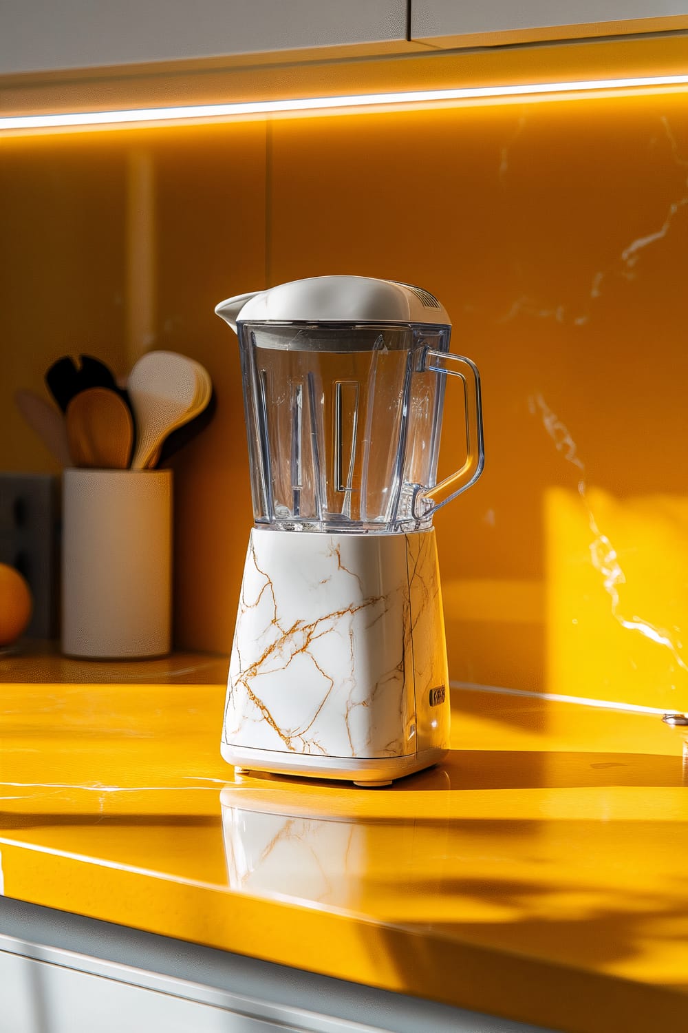 A marble-patterned blender with intricate veins placed on a bright yellow countertop with a spotlight on it.