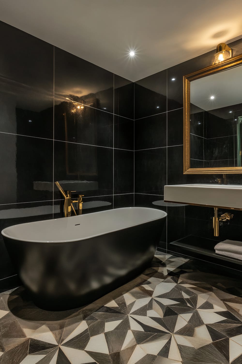 A modern bathroom with dark walls, geometric patterned flooring, a sleek black freestanding bathtub, and gold accents including a framed mirror and faucet.