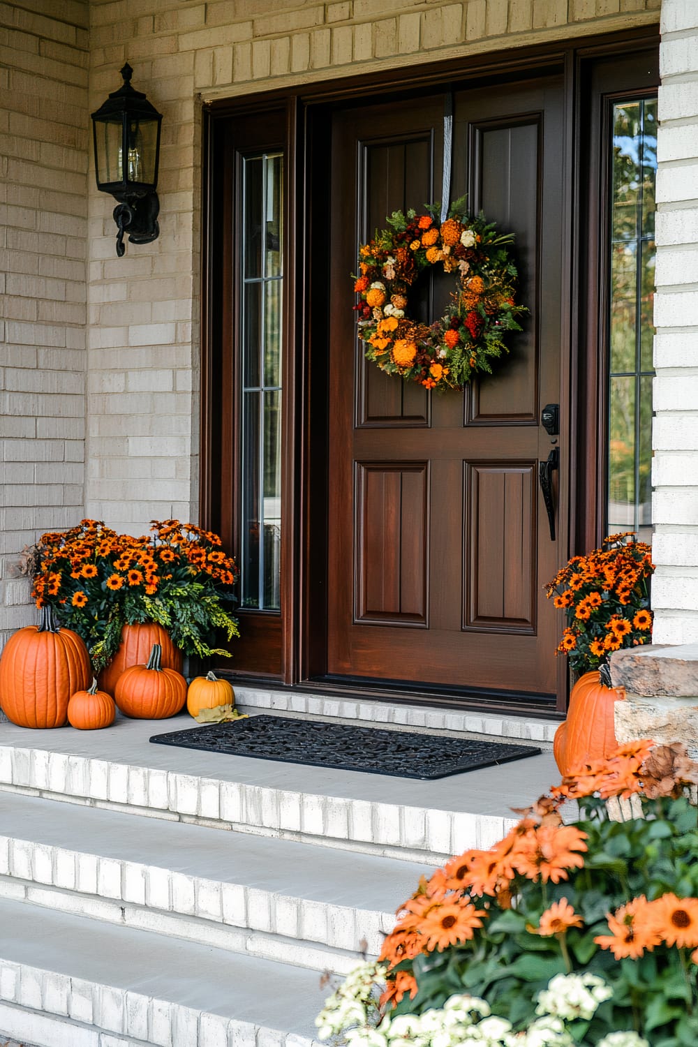 The image showcases a front door decorated for autumn. A dark wooden door, adorned with a vibrant autumn wreath composed of orange, yellow, and green flowers and foliage, stands at the center. Flanking the doorway are two side windows that offer a glimpse of the interior. On the steps leading up to the door, several pumpkins of varying sizes are arranged, accompanied by large pots filled with orange and black chrysanthemums. A black, decorative doormat lies before the door, and a black lantern is mounted on the brick wall to the left side.