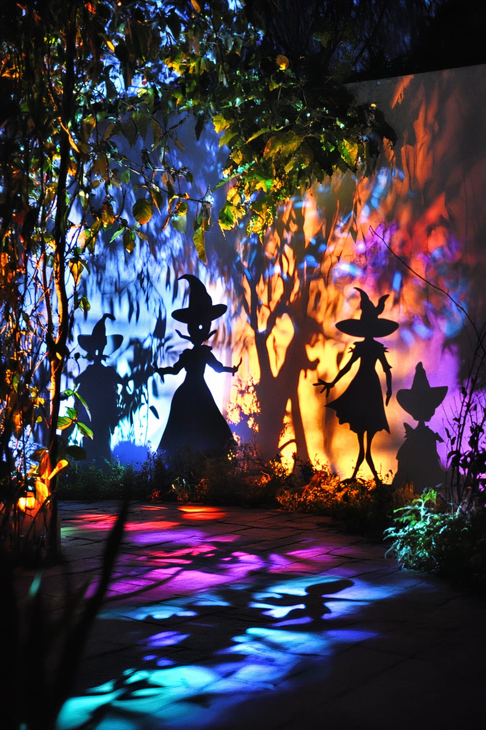 A Halloween outdoor decoration featuring a shadow puppet theatre setup with animated silhouettes of witch-like figures projected onto a backdrop. The area is illuminated by colored spotlights in hues of blue, orange, and purple, creating dynamic shadows on the ground and backdrop. Faint outlines of trees and plants are visible around the setup, enhancing the mysterious ambiance.