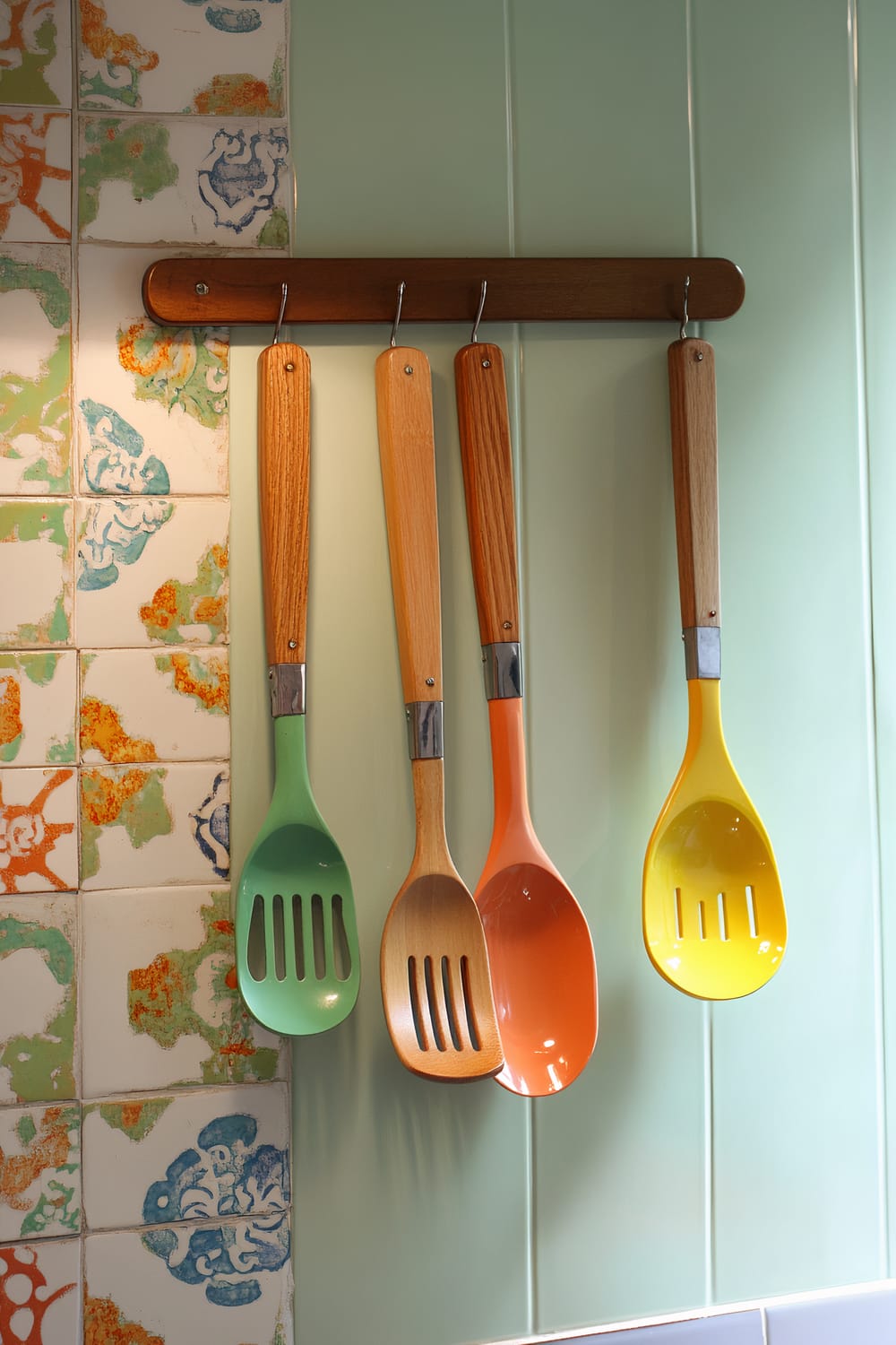 A retro kitchen wall with four colorful wooden spatulas (green, wooden, orange, and yellow) hanging on a single wooden rack. The left side of the wall has vintage patterned tiles with splashes of green, orange, and blue colors, while the rest is covered with light green panels.