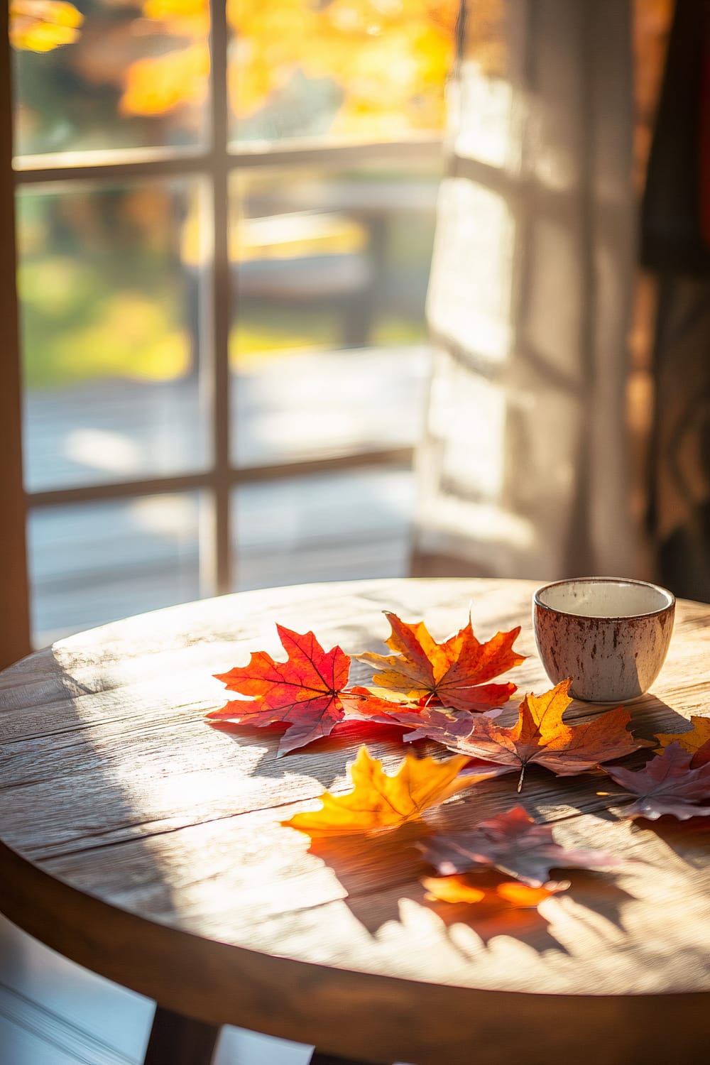 A cozy coffee table decorated with vibrant red and yellow fall leaves, with a coffee cup, lit by warm sunlight streaming through a window. The focus is on the table, with a softly blurred background that includes a window and outdoor view.