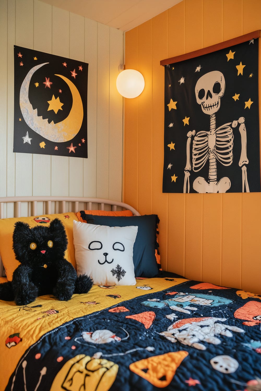 An interior of a child's bedroom decorated with a Halloween theme. The bed features yellow and navy bedding with Halloween patterns, including pumpkins, bats, and stars. On the bed is a fluffy black cat plush toy and a white pillow with a simple face sketch. The walls are paneled, with one wall painted a soft yellow and another painted a light green. Artworks of a crescent moon with stars and a skeleton with stars are hanging on the walls. A globe light fixture is mounted on the wall above the bed.