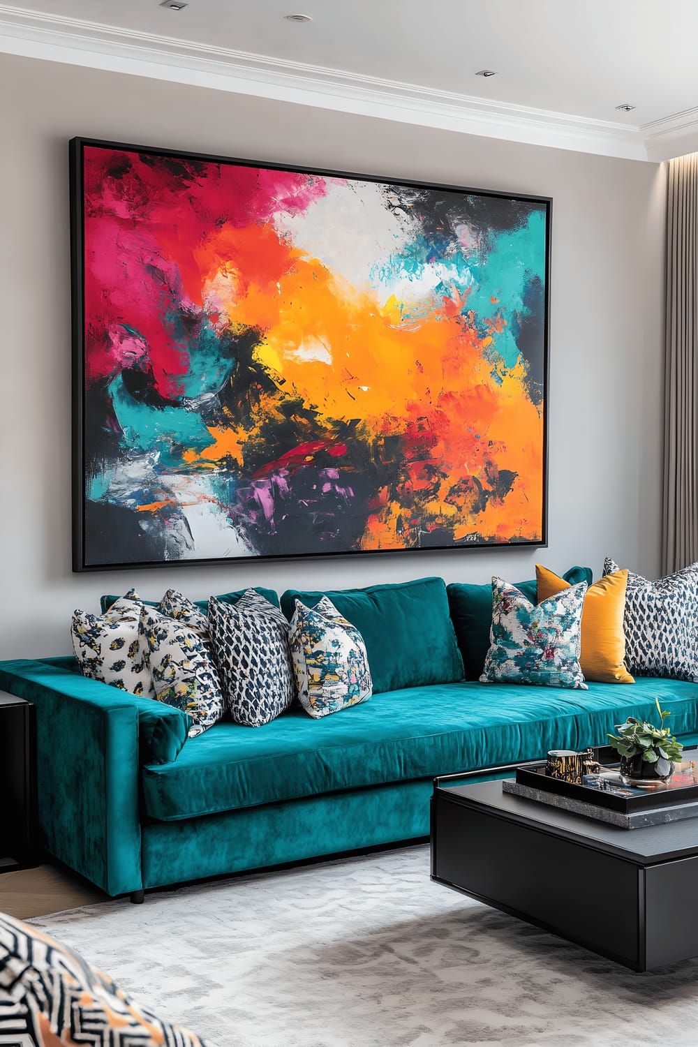 A modern London living room featuring a large vibrant abstract painting hanging above a sleek black media console. A comfortable teal sofa with patterned throw pillows is set against a light gray accent wall. Expansive windows in the background fill the space with natural light, illuminating the artistic decor.