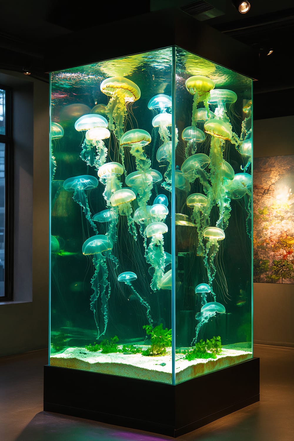 An expansive rectangular aquarium filled with various species of jellyfish. The tank is illuminated with layered colored lighting in shades of green and teal, creating a mesmerizing visual effect. Each jellyfish is highlighted by individual spotlights, enhancing their unique shapes and movements. The background features a subtle gradient from dark to light, suggesting depth and adding to the magical ambiance of the scene.