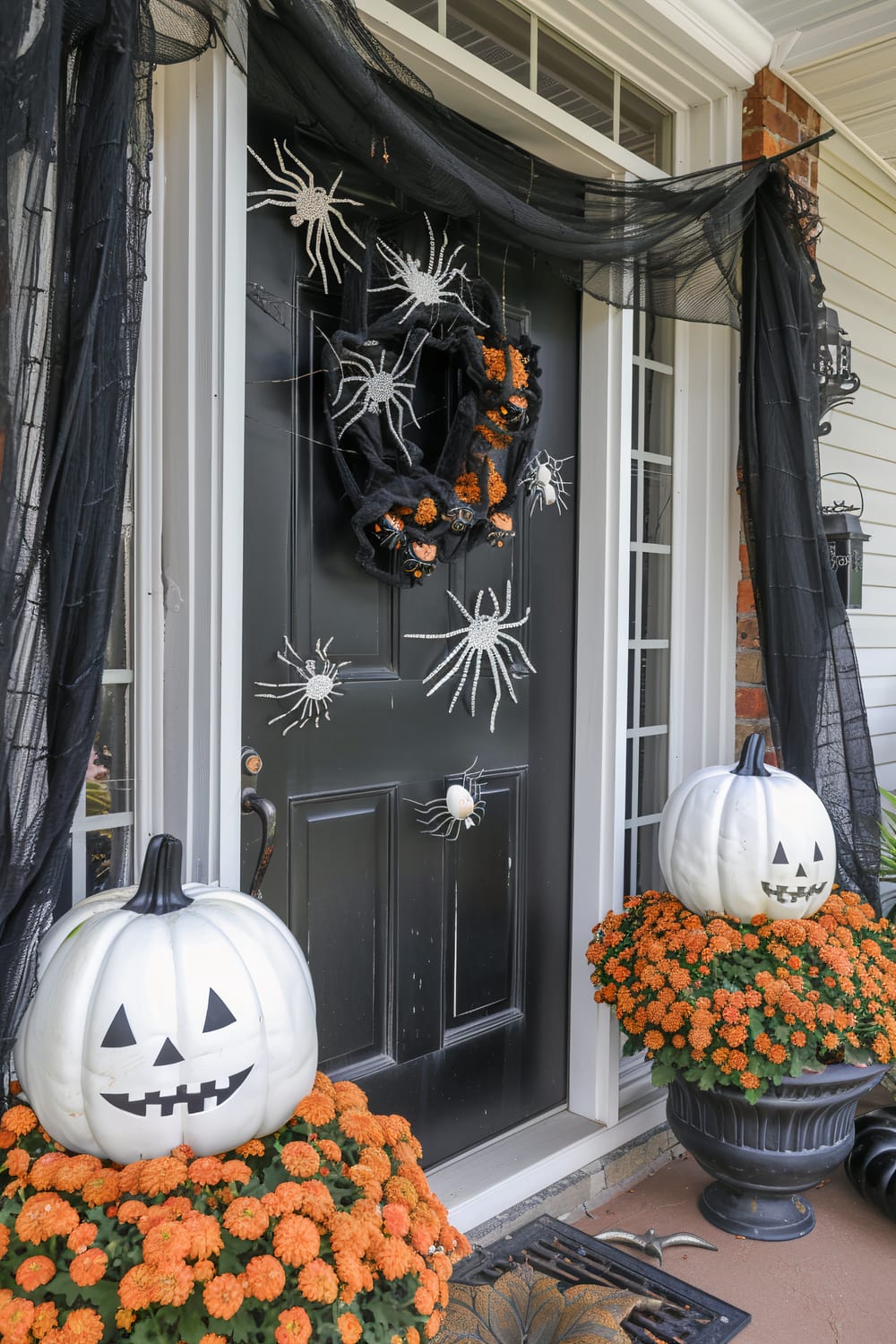 A front door decorated for Halloween. The door is black with a wreath covered in black and orange flowers and glittery spider ornaments. Black web-like fabric is draped around the door frame. Two large white pumpkins with carved faces are placed in planters filled with vibrant orange flowers on either side of the door. Smaller spiders and a large spider decoration are attached to the door.