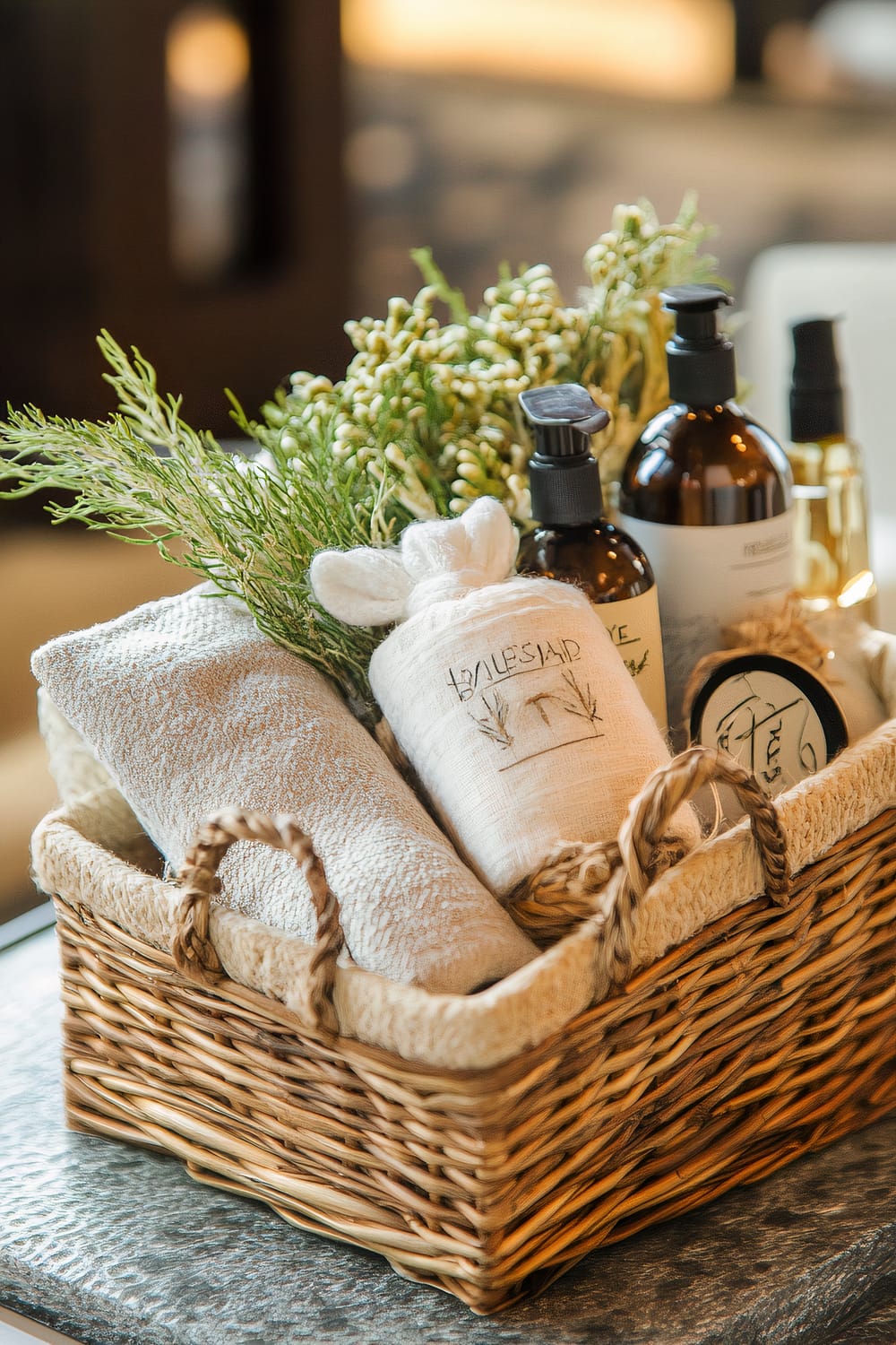 A woven wicker basket is filled with an assortment of luxury bath items. Resting inside are neatly rolled beige towels, green sprigs resembling rosemary, and a small cloth wrapped with a bow tie at the top. Several bottles with pump dispensers for soap or lotion are also present, alongside a smaller container, creating an inviting spa-like presentation. The background is a soft blur, highlighting the contents of the basket.