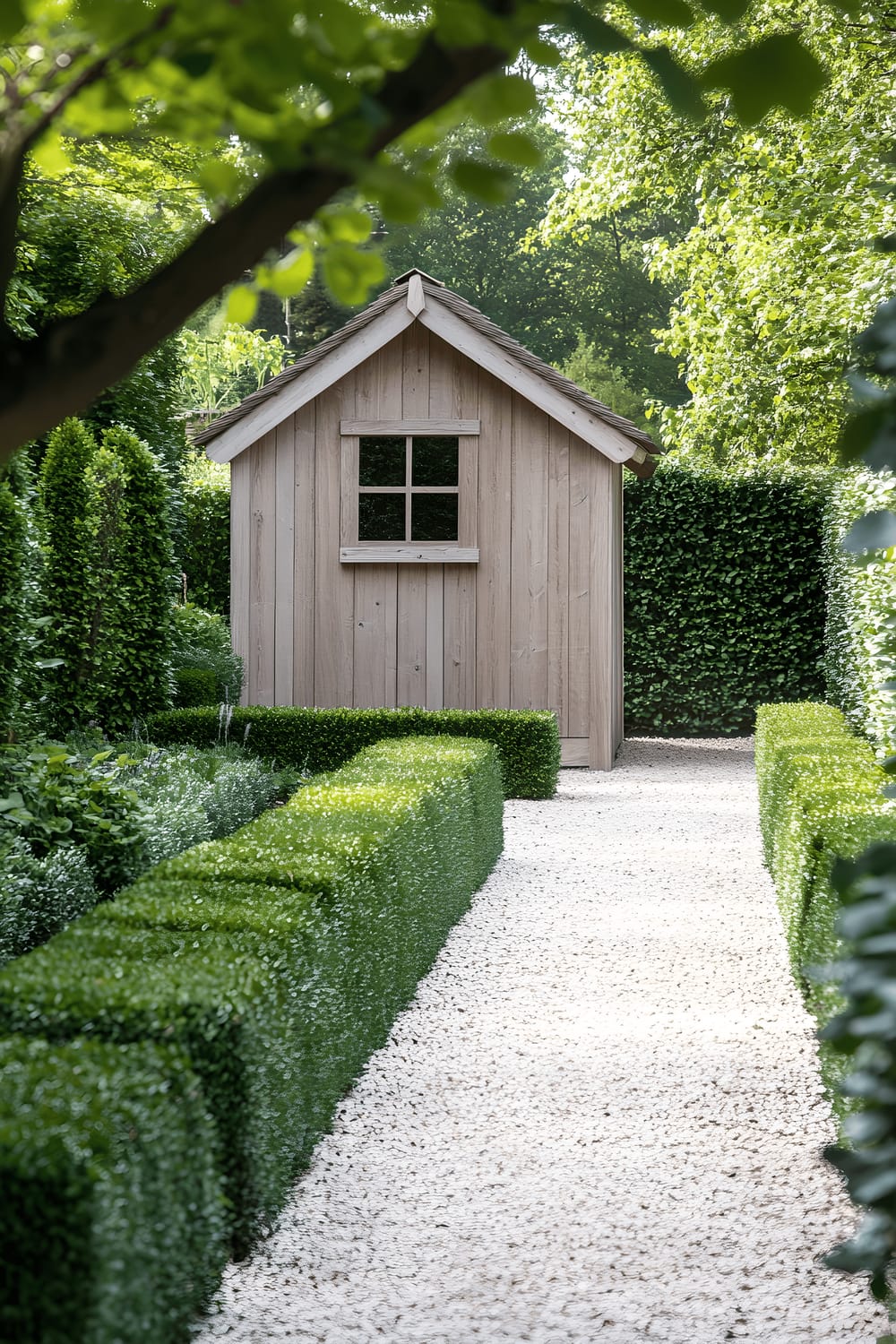 A light wooden shed with a minimalist design stands as the centerpiece in a small and organized garden. The area is defined by boxwood borders and walking paths created with sandy gravel. The atmosphere is calm and serene, augmented by the cool, diffused morning light that gently illuminates the garden.