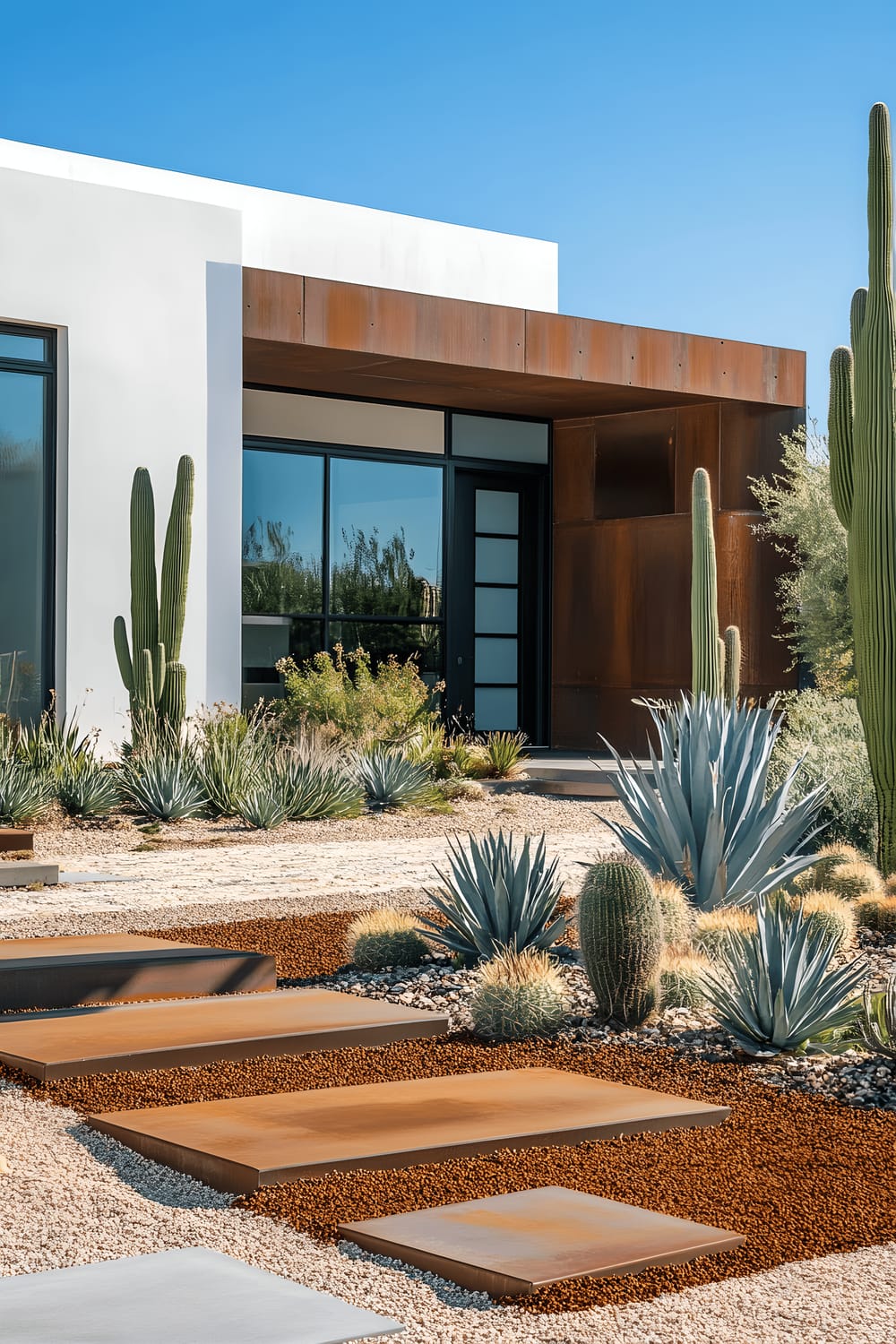 A view of a modern and stylistically low-maintenance front yard, showcasing large, geometrically-shaped stone pavers, contrasting beautifully with drought-resistant cacti and rust-colored gravel spread across the yard.