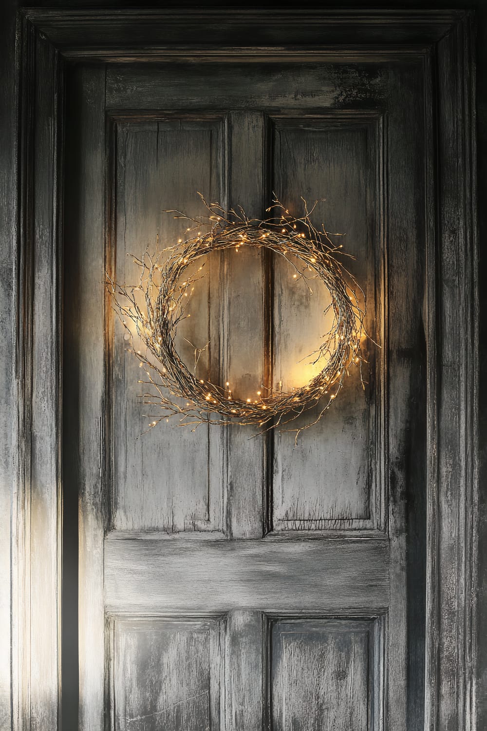 A weathered wooden door with a rustic, twig wreath adorned with small, warm white fairy lights. The door has a dark, aged appearance with visible grain and panels, and the soft, glowing lights from the wreath create a cozy and inviting ambiance.