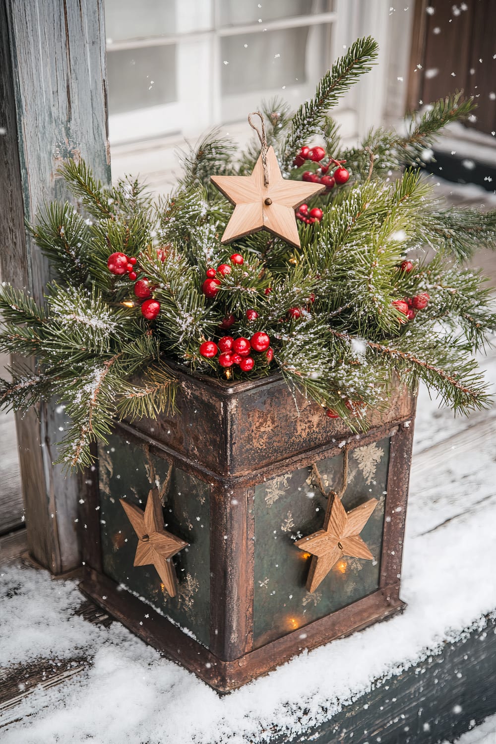 A vintage-style metal lantern planter filled with pine branches and red Winterberries, decorated with wooden stars and tiny glass baubles. The planter is placed on a snow-covered wooden porch step with softly falling snow, surrounded by warm amber lantern lights that cast a cozy glow.