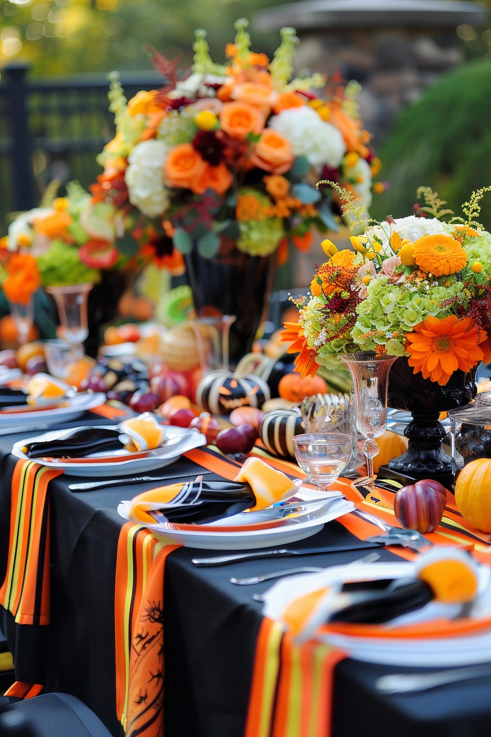 An outdoor dining table is festively decorated for autumn. The table features a black tablecloth with vibrant orange, yellow, and black striped runners. Place settings include white plates, black napkins, and orange napkin rings. The centerpiece consists of tall vases filled with colorful flowers, predominantly orange, yellow, and white. Small pumpkins and seasonal gourds are scattered along the table, contributing to the festive ambiance.