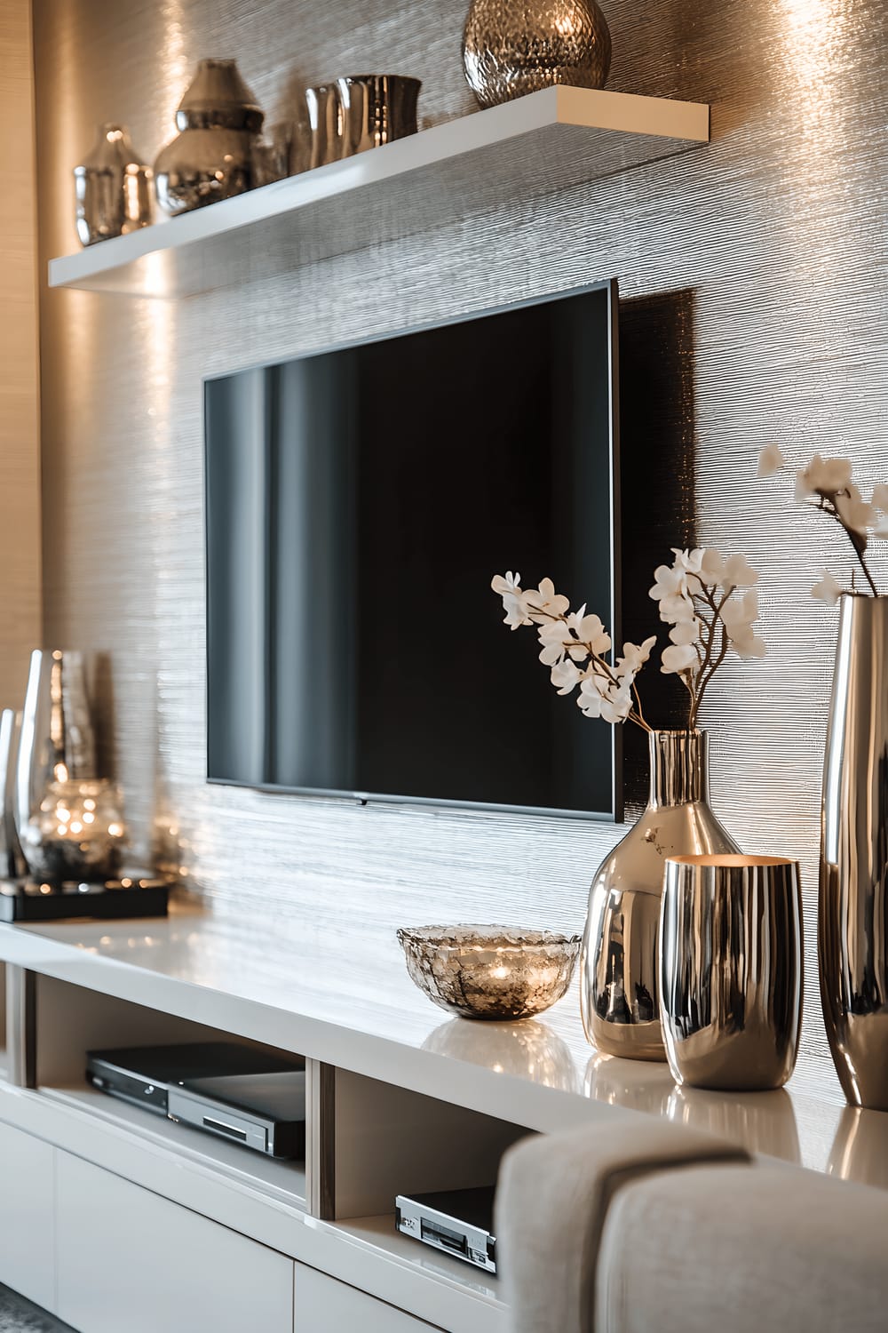 A sophisticated TV wall in neutral tones featuring brushed gold or silver accents. Metallic floating shelves hold various decor, including metallic vases, candle holders, and clear glass sculptures. The wall has a refined texture with ambient lighting from metallic fixtures providing a glamorous glow.