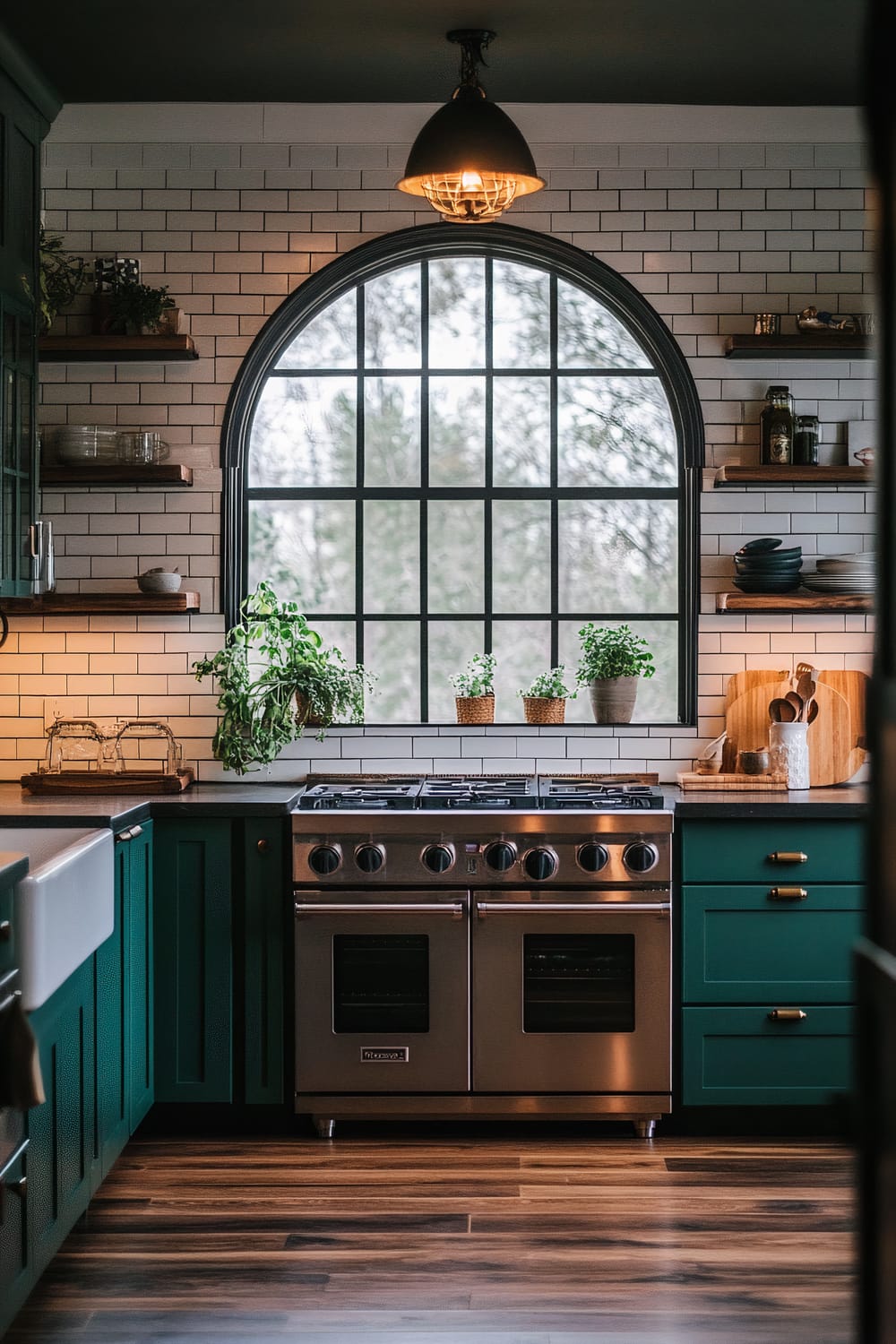 A moody farmhouse kitchen viewed through a large, arched window. The kitchen features deep forest green cabinets, a white subway tile backsplash, and a stainless steel stove with intricate burner designs. There are dark reclaimed wood floors, black wrought iron fixtures, and under-cabinet LEDs providing warm backlighting.