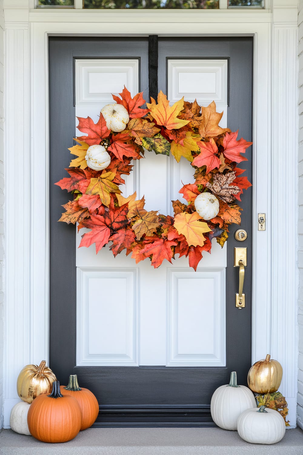 A white-paneled door accented by black trim and adorned with an autumnal wreath made of vibrant orange, red, and yellow leaves, interspersed with a few white mini pumpkins. Below, on the doorstep, a cluster of pumpkins, including gold-painted, white, and classic orange varieties, are arranged to celebrate the fall season.