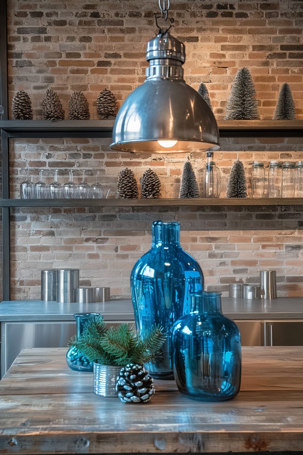 An industrial-style kitchen featuring exposed brick walls and metal shelving units. The area is decorated with blue and silver Christmas ornaments, including blue glass vases filled with silver-painted pinecones on a reclaimed wood kitchen island. A large metal pendant light with an Edison bulb hangs overhead, casting a warm glow and adding to the holiday aesthetic.