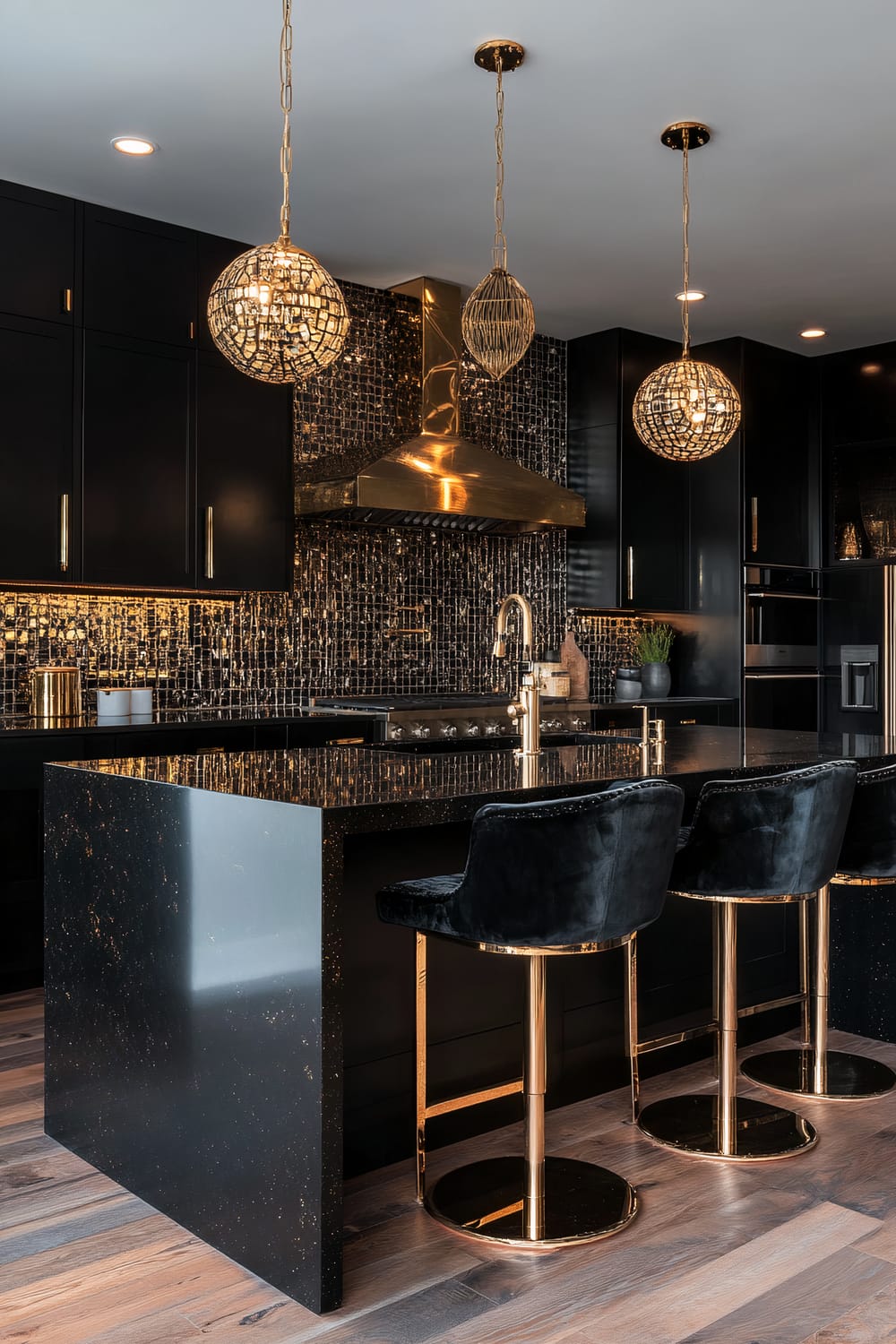 The image shows a luxurious kitchen with elegant black and gold elements. The dark cabinetry contrasts sharply with a sparkling black granite island, adorned with a sleek gold faucet. Above the island hang three artistic pendant lights with gold finishes, casting warm light. The wall behind the stove is covered in an intricate black and gold mosaic tile backsplash. The entire room is bathed in modern, ambient lighting, creating a sophisticated and glamorous atmosphere.