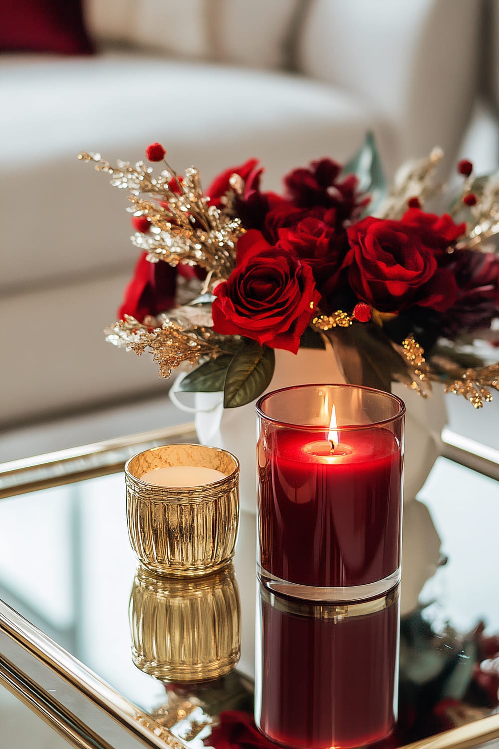 An elegant coffee table with a mirrored surface featuring a bold red candle in a glass holder, a small gold-colored candle holder, and a bouquet of red roses with gold accents. Dramatic lighting enhances the luxurious and reflective elements of the setup.