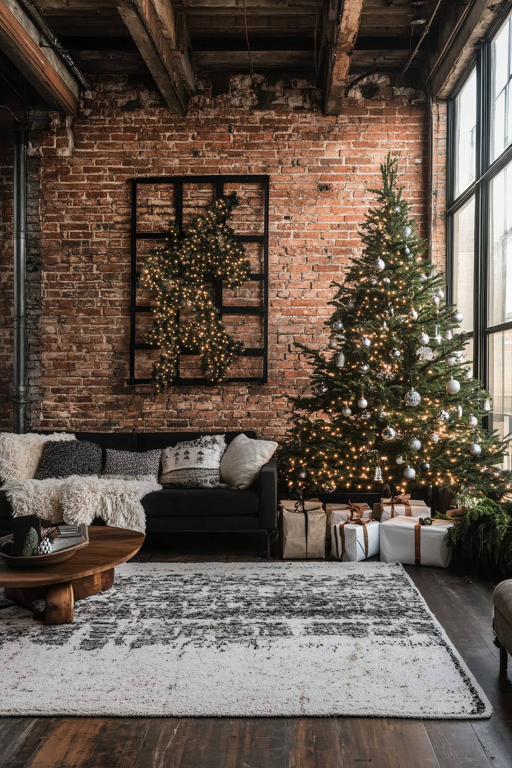 A stylish living room featuring a high, raw brick wall and exposed wooden beams, adorned with festive Christmas decorations. The focal point is a tall, well-lit Christmas tree with ornaments in silver and white, accompanied by neatly wrapped presents underneath. A charcoal grey sofa with a variety of textured cushions and a fluffy white throw anchors the space, placed against the brick wall. A rustic wooden coffee table with books and a small Christmas decoration is positioned on an off-white and grey patterned rug. The large industrial-style window to the right lets in plenty of natural light, creating a warm and inviting atmosphere.