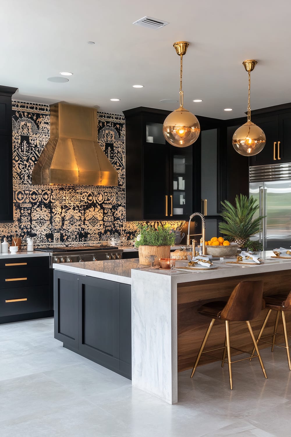 A modern luxury kitchen featuring a harmonious blend of materials and colors. The standout feature is the large, bronze statement range hood with a distressed finish, placed against a detailed, dark-patterned backsplash that adds texture and depth. Smooth, dark cabinetry is complemented by gold hardware. Two elegant gold pendant lights with clear globes hang above a sleek island made of white and grey marble, which also has a wooden insert for a bar seating area. The island is adorned with decorative elements like a potted herb plant, a bowl of oranges, and set dining places. On the far side, there is a stainless-steel fridge, and to the right, the faucet and sink area feature modern fixtures.