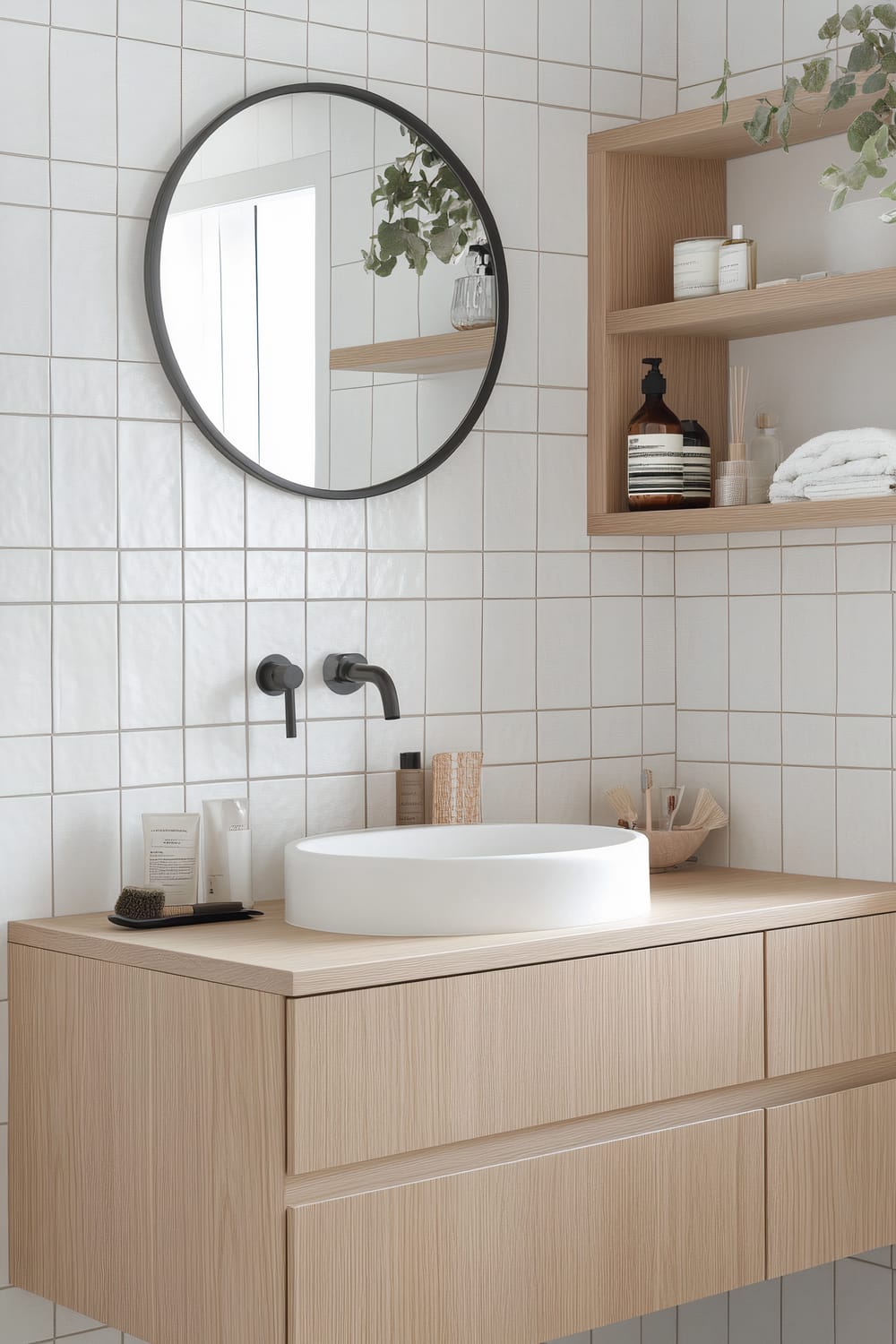 A minimalist bathroom vanity area is showcased, featuring a round mirror with a black frame mounted on a wall of white square tiles. Below it, a light wooden vanity holds a sleek, white, round vessel sink. Black matte fixtures are installed on the wall above the sink. To the right, light wooden shelves are neatly arranged with bottles, towels, and decorative items overhanging with a green plant.