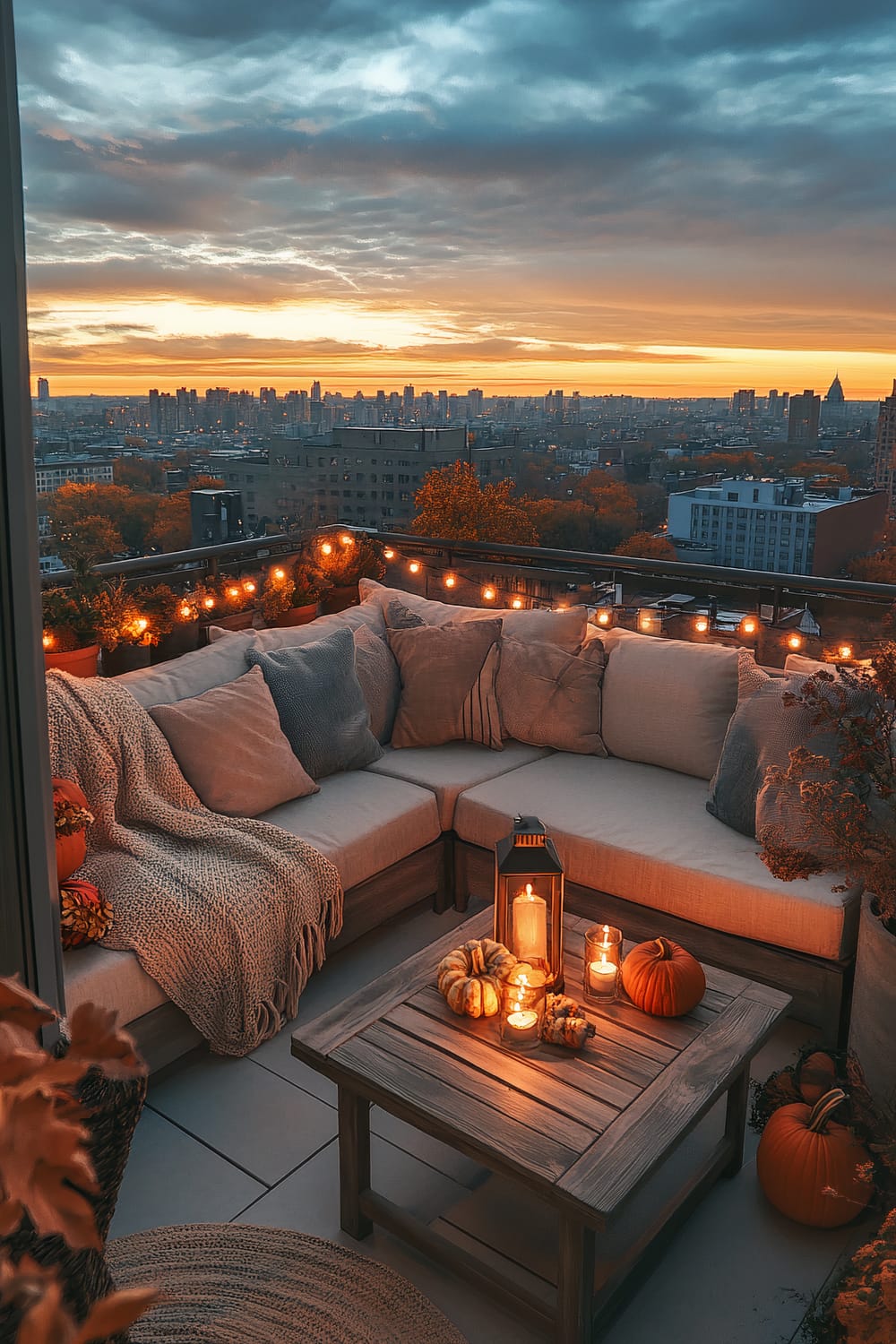 A rooftop patio at sunset, featuring a beige L-shaped sectional sofa adorned with various throw pillows and a knitted throw blanket. The decor includes string lights hanging along the railing, and a wooden coffee table with candles and small pumpkins. The view overlooks a cityscape with buildings and the horizon highlighted by an orange and blue sunset.