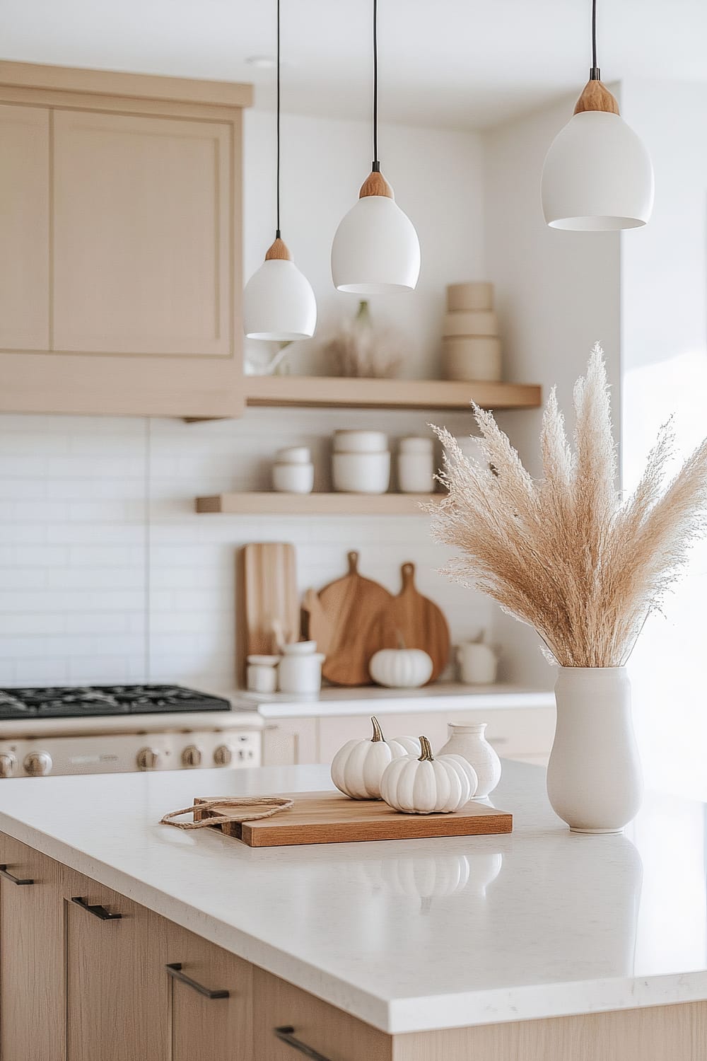 A minimalist kitchen is bathed in natural light, featuring light wooden cabinetry and a white subway tile backsplash. A white quartz countertop island centers the space, adorned with white ceramic pumpkins and a wooden cutting board. A vase with feathery pampas grass adds a touch of nature. The open shelving displays neatly organized ceramic jars and wooden cutting boards. Three modern pendant lights with white and wood finishes hang above the island, enhancing the room's serene and airy aesthetic.