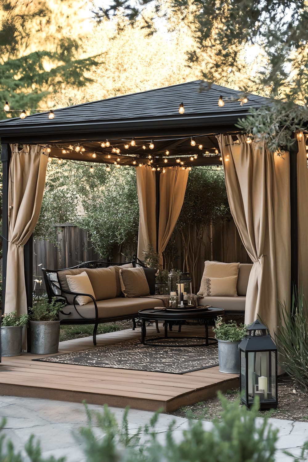 An image of a charming backyard gazebo setup with beige curtains tied to the sides, numerous string lights adding a warm glow, and a black metal daybed filled with cushions. A unique coffee table made of a galvanized steel tub sits in the foreground, and a small dining area in the back with wooden chairs and a round table completes the scene. The entire area is surrounded by lush greenery from potted plants, creating a relaxed, open-air garden atmosphere.