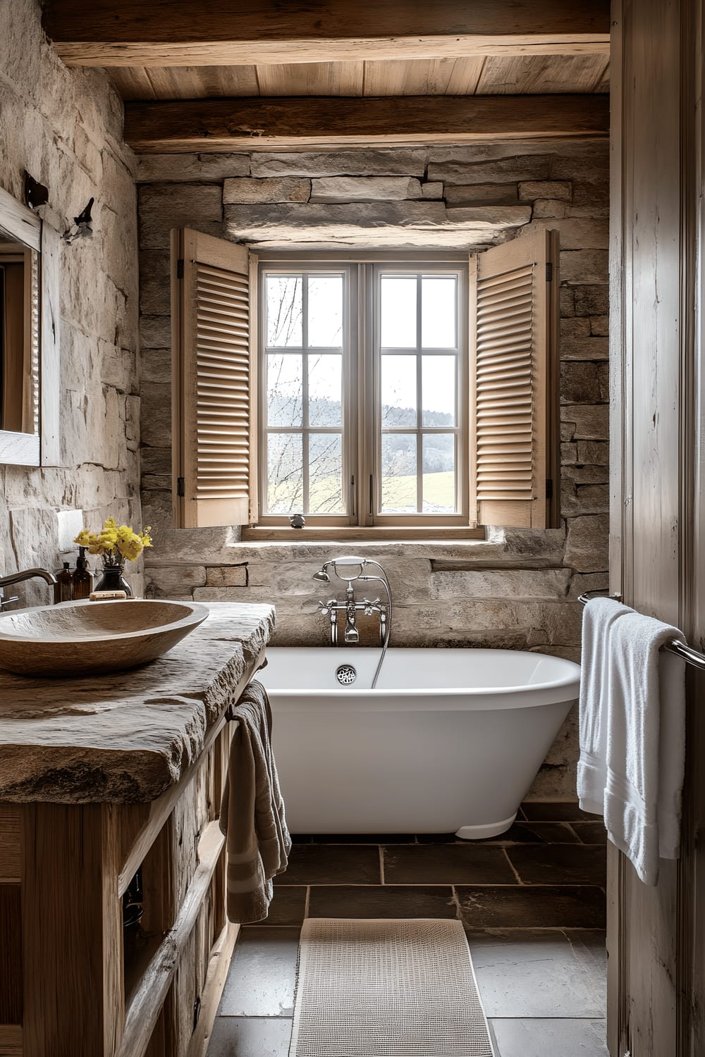 A bathroom featuring rustic stone walls, a wooden vanity with a large stone sink, and a freestanding cast iron bathtub positioned beneath a window with wooden shutters that bathe the room in soft light, highlighting the natural textures of the stone. The room is awash in earthy tones, creating a warm and inviting sanctuary.